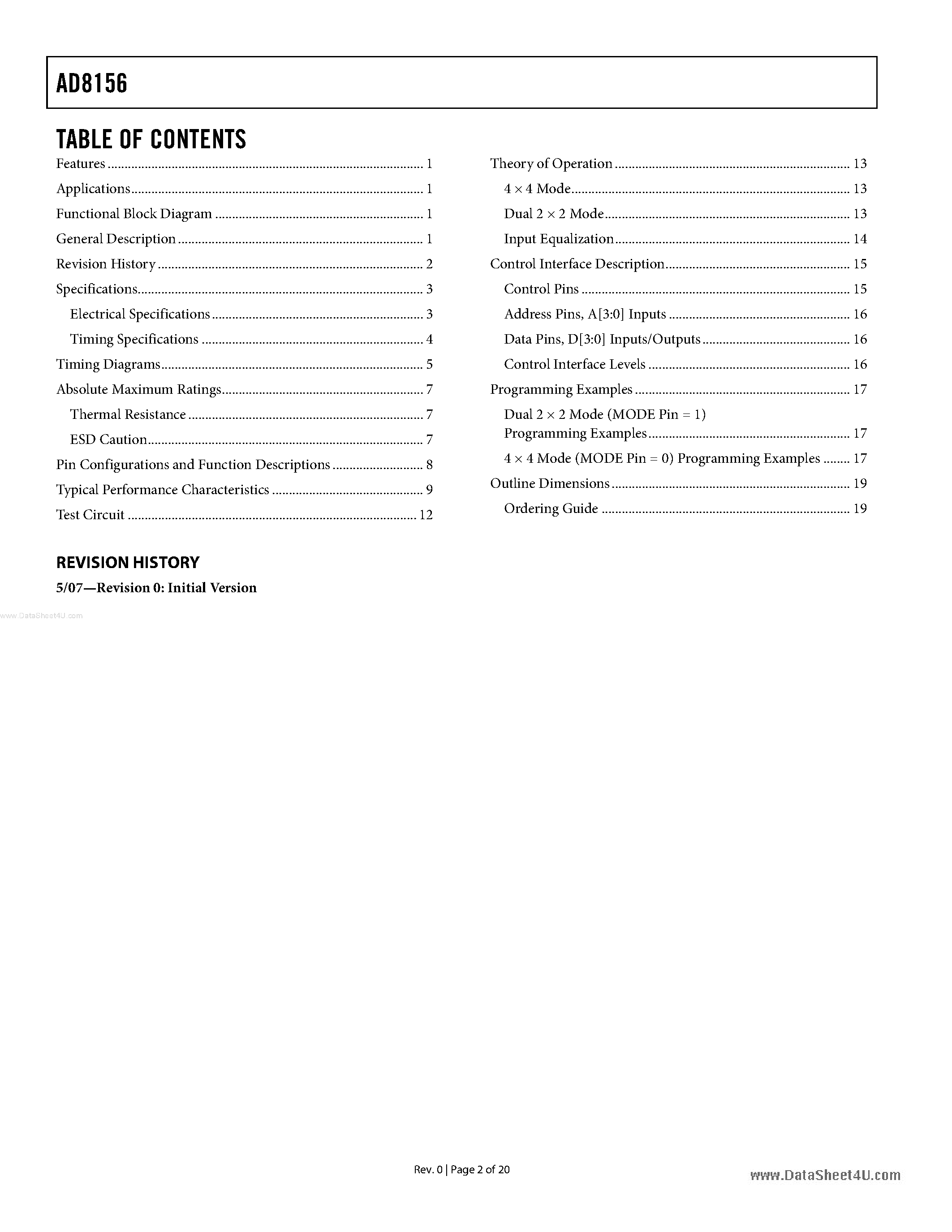 Datasheet AD8156 - Digital Crosspoint Switch page 2