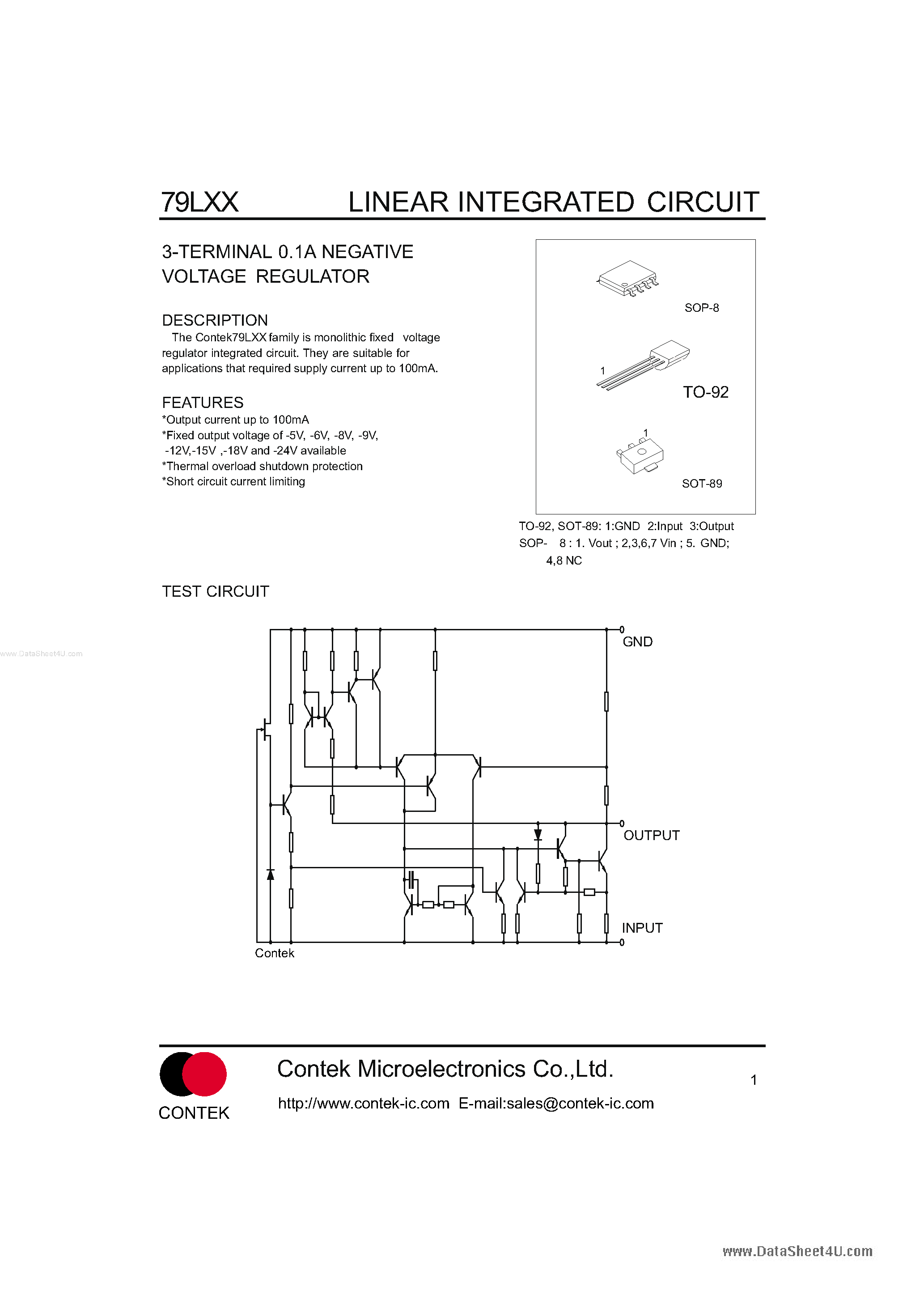 Datasheet 79L05 - (79Lxx) 3-Terminal 0.1A Negative Voltage Regulator page 1
