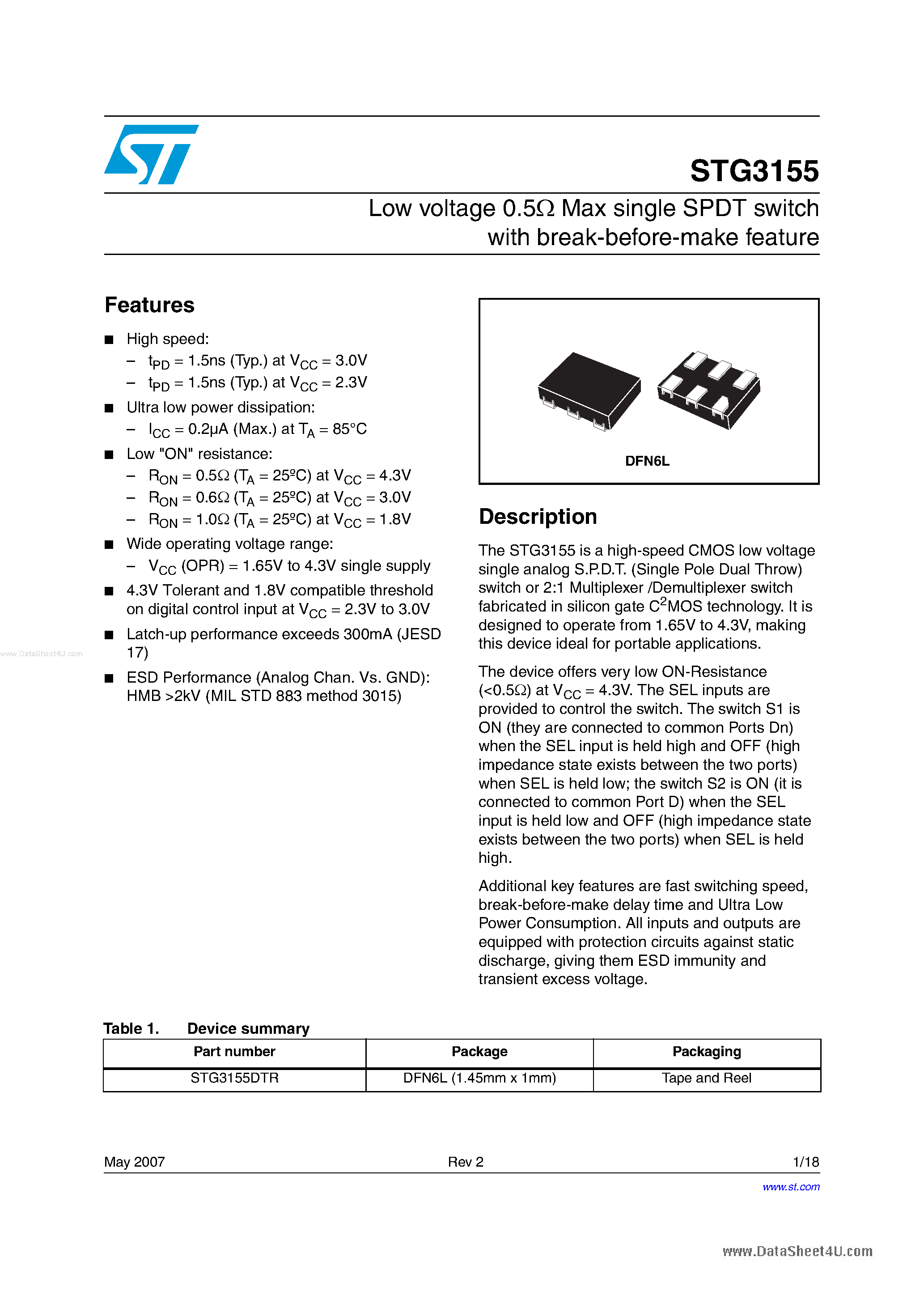 Datasheet STG3155 - Low voltage 0.5 Ohm Max single SPDT switch page 1