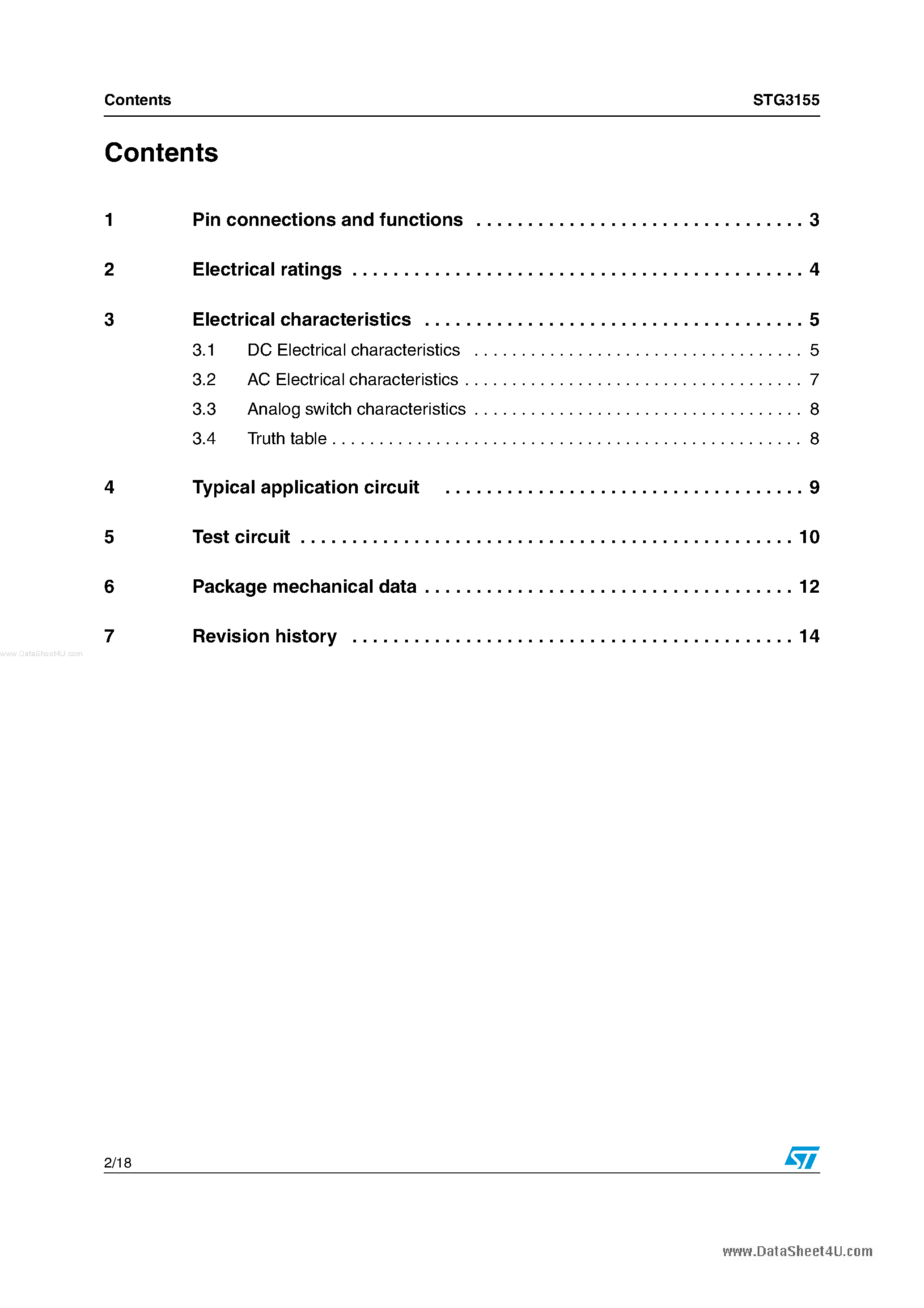 Datasheet STG3155 - Low voltage 0.5 Ohm Max single SPDT switch page 2