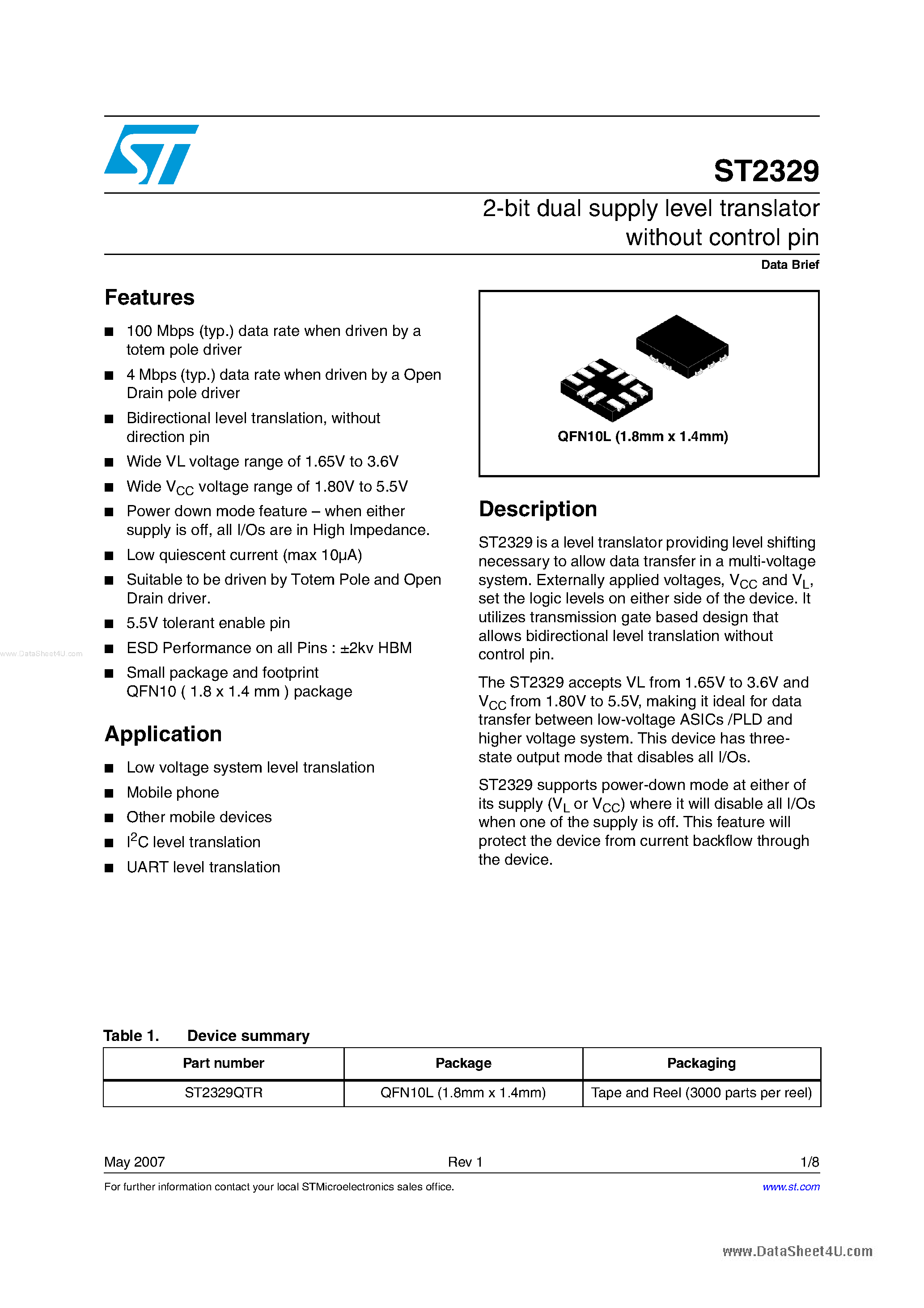 Datasheet ST2329 page 1 Datasheet ST2329 - 2-bit dual supply level translator without control pin page 1