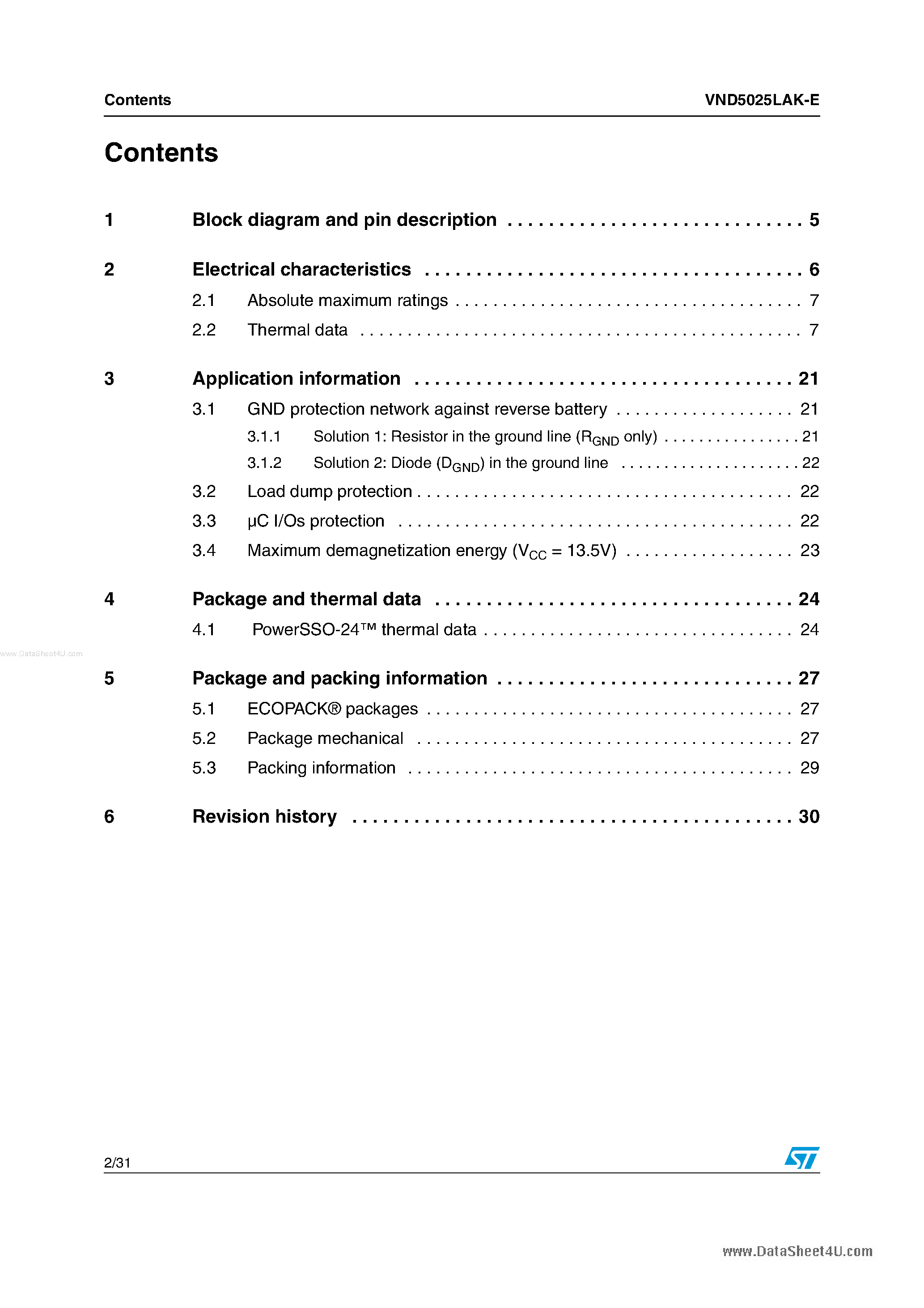 Datasheet VND5025LAK-E page 2 Datasheet VND5025LAK-E - Double channel high side driver page 2