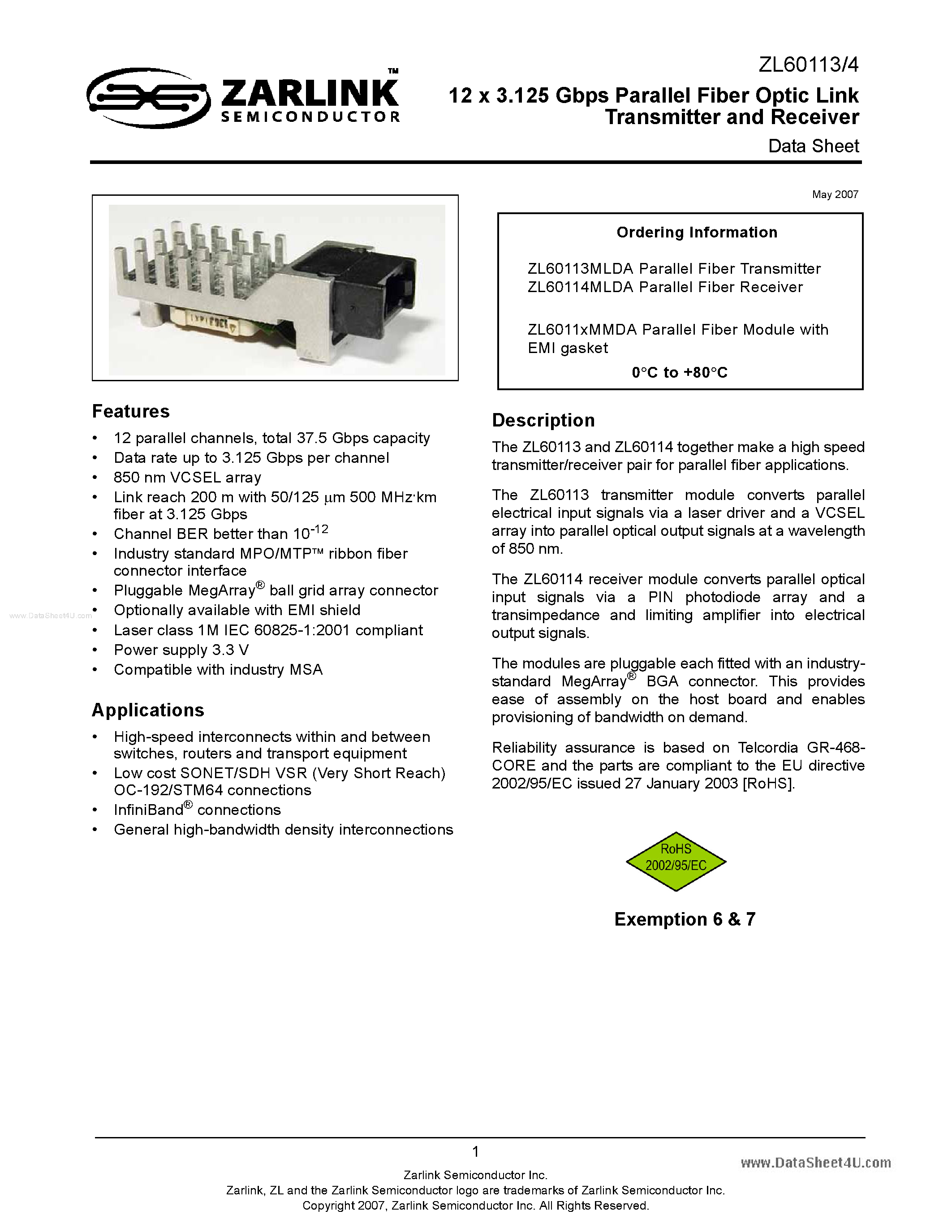 Datasheet ZL60113 - (ZL60113 / ZL60114) 12 x 3.125 Gbps Parallel Fiber Optic Link Transmitter page 1