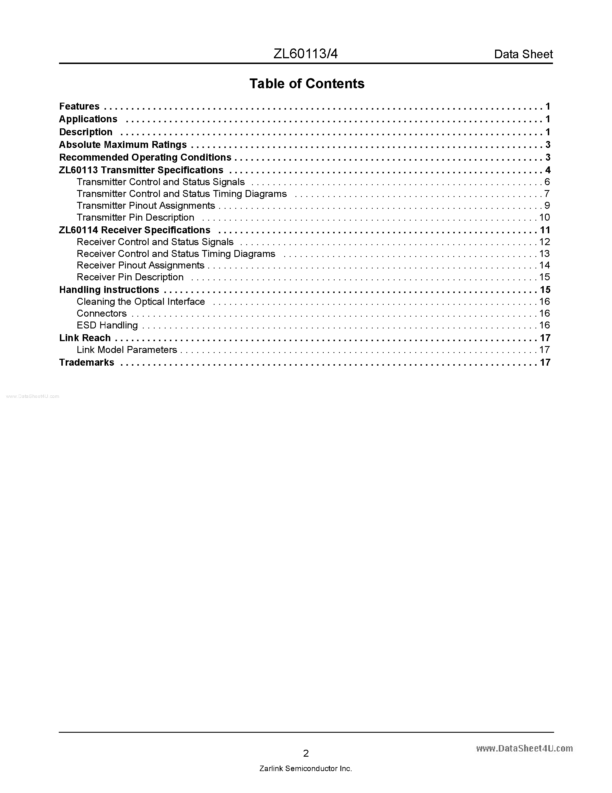 Даташит на микросхему ZL60113 страница 2 Даташит ZL60113 - (ZL60113 / ZL60114) 12 x 3.125 Gbps Parallel Fiber Optic Link Transmitter страница 2