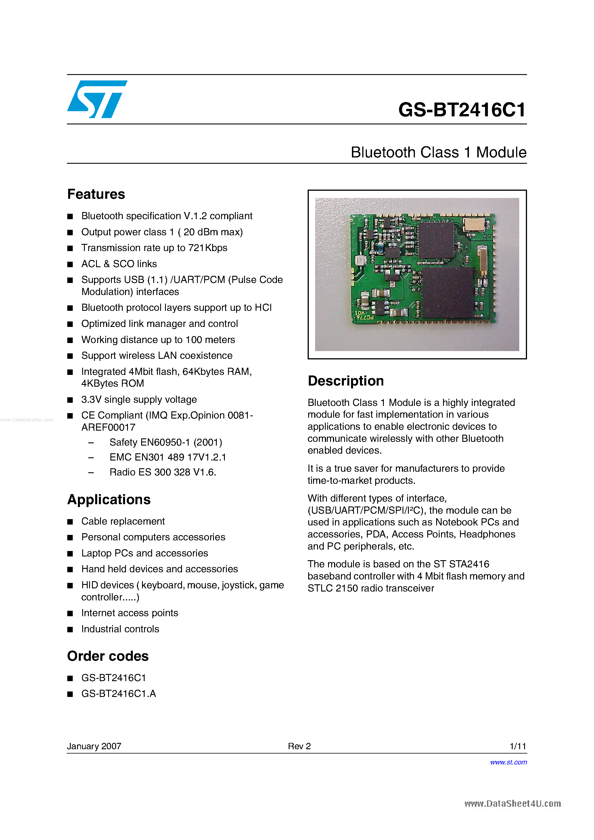Даташит на микросхему GS-BT2416C1 страница 1 Даташит GS-BT2416C1 - Bluetooth Class 1 Module страница 1