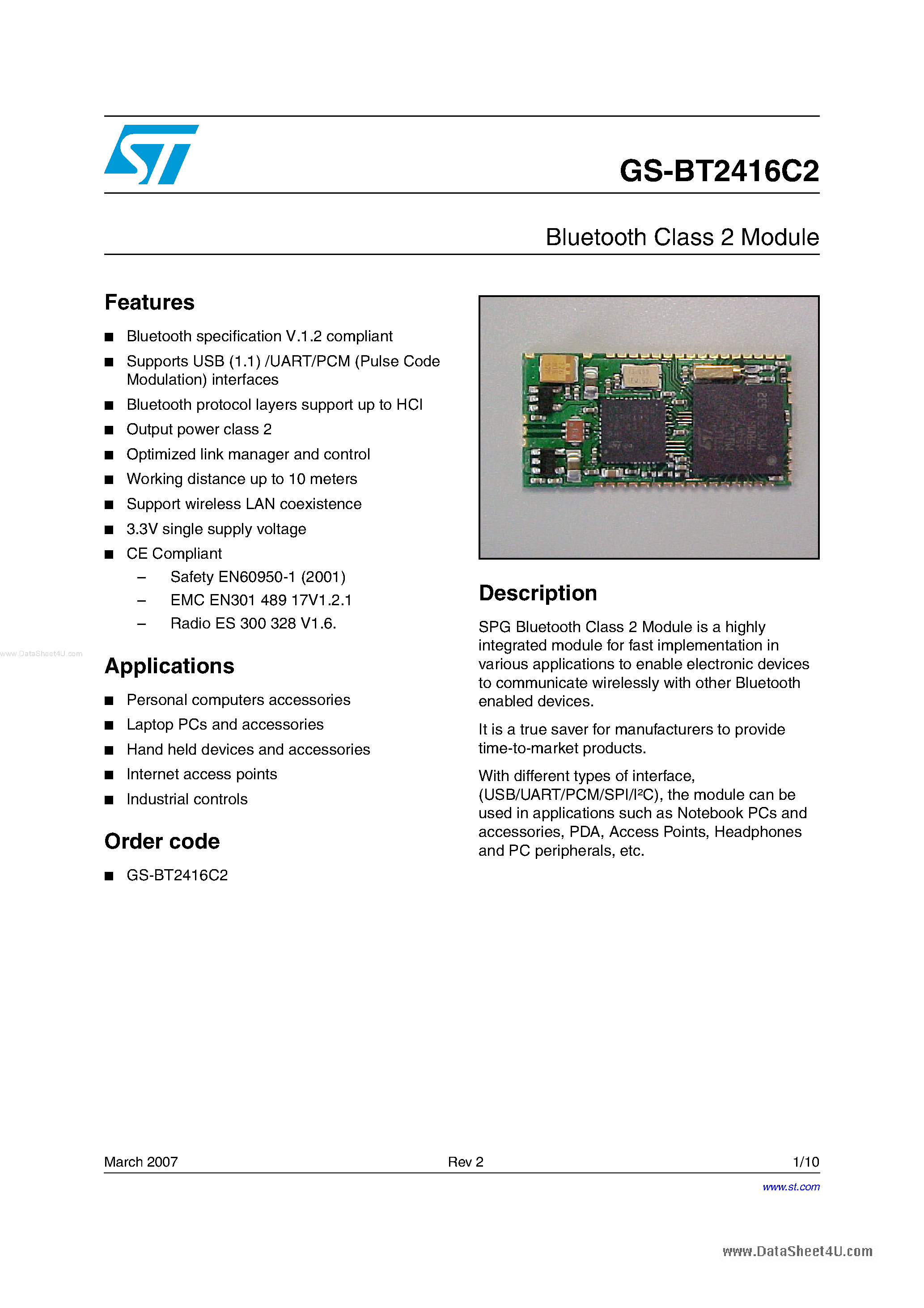 Даташит GS-BT2416C2 - Bluetooth Class 1 Module страница 1