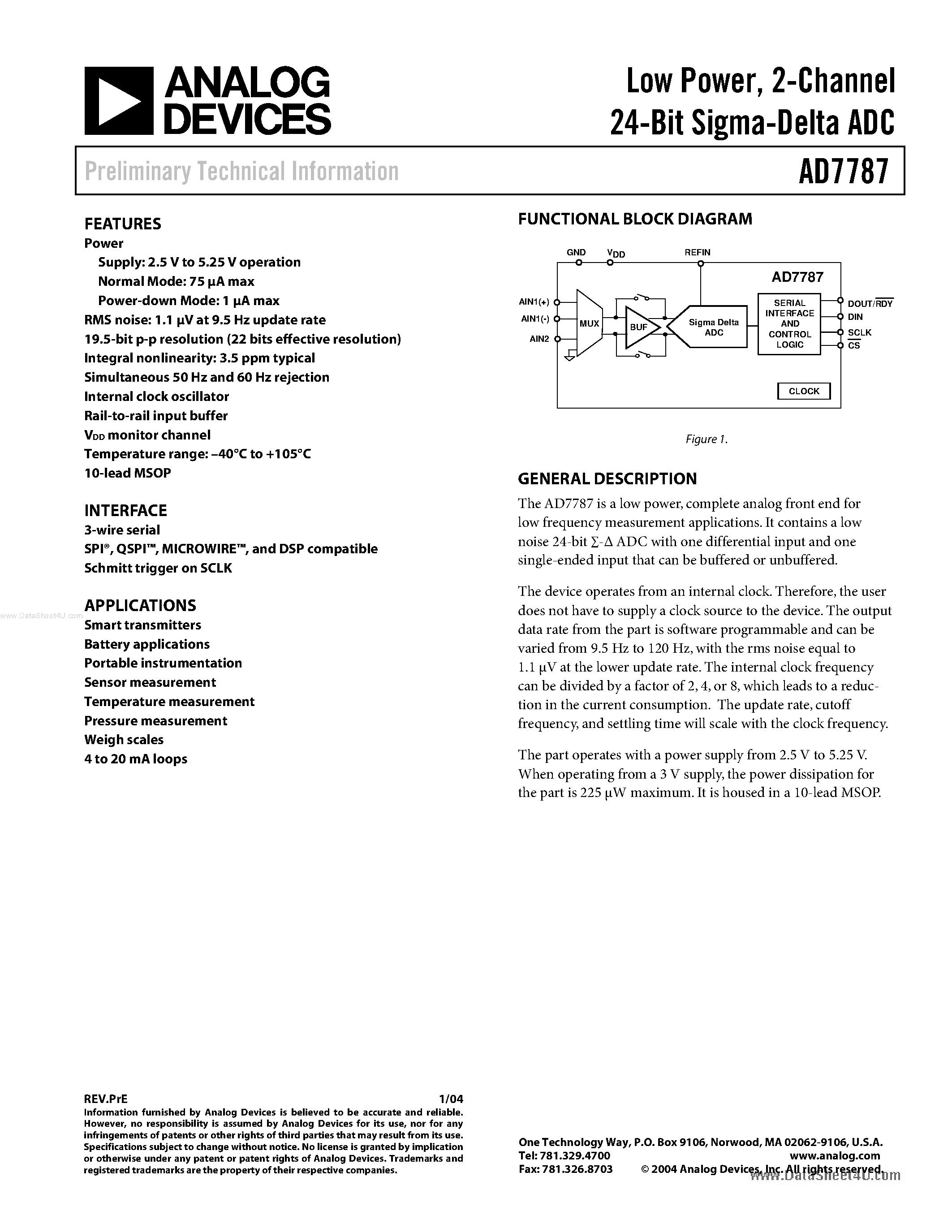 Datasheet AD7787 page 1 Datasheet AD7787 - 2-Channel 24-Bit Sigma-Delta ADC page 1