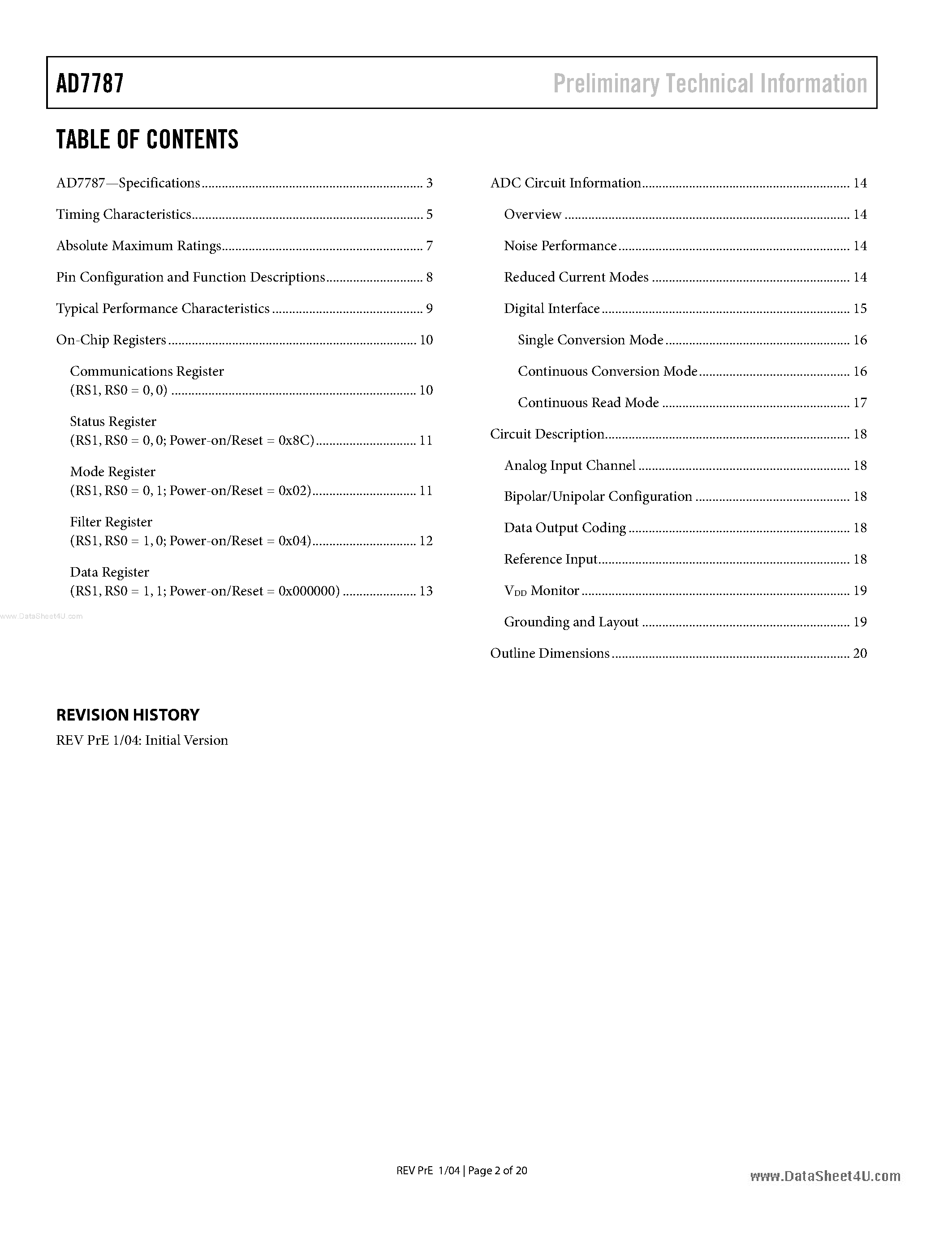 Datasheet AD7787 page 2 Datasheet AD7787 - 2-Channel 24-Bit Sigma-Delta ADC page 2