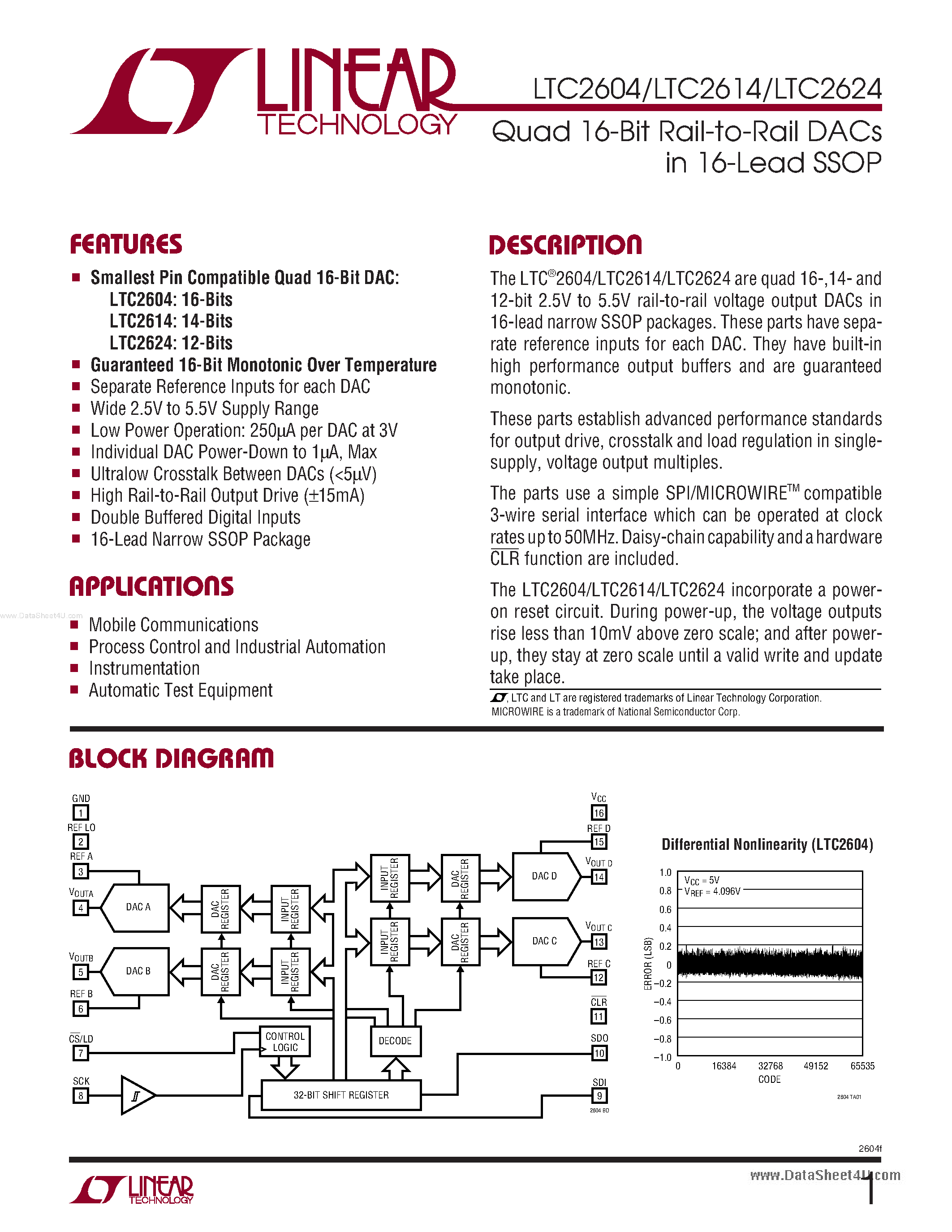 Datasheet LTC2604 page 1 Datasheet LTC2604 - (LTC2604 - LTC2624) Rail-to-rail Voltage Output DACs page 1