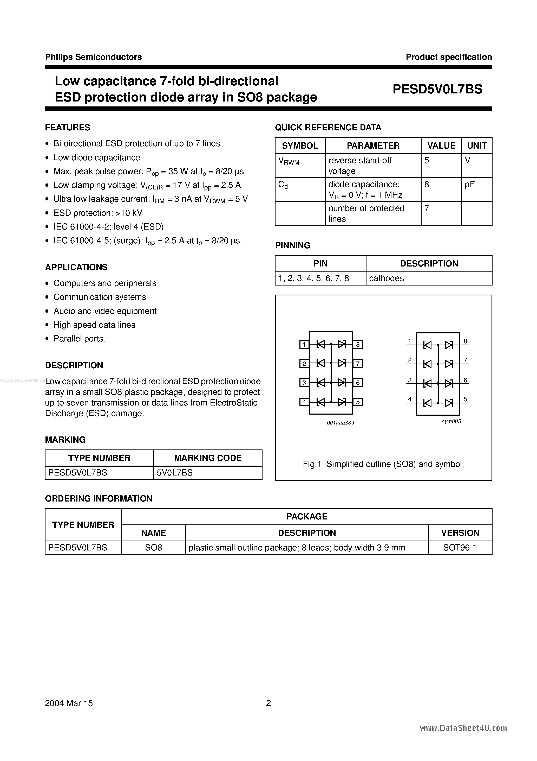 Даташит на микросхему PESD5V0L7BS страница 2 Даташит PESD5V0L7BS - Low Capacitance 7-fold Bi-directional Esd Protection Diode Array страница 2