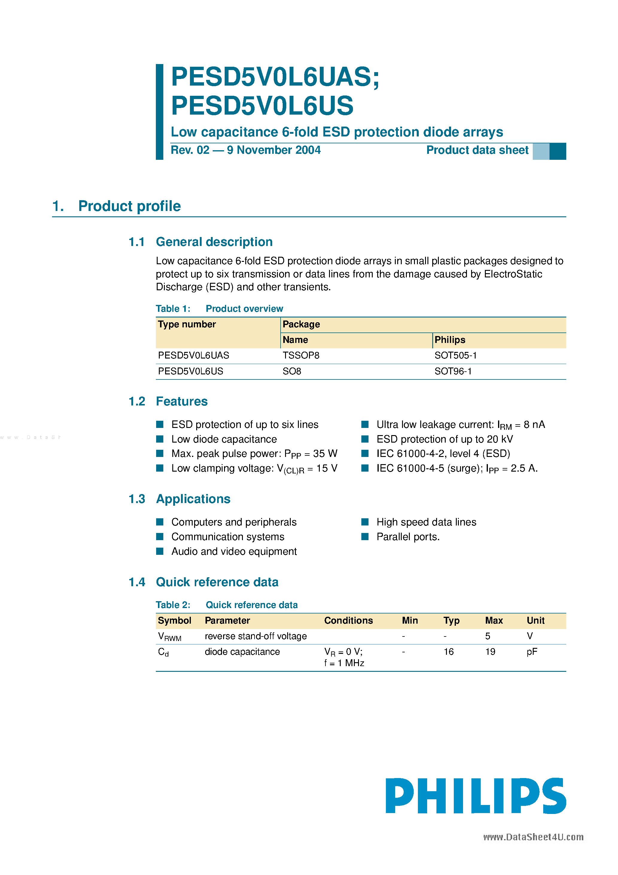 Datasheet PESD5V0L6UAS - Low capacitance 6-fold ESD protection diode arrays page 1