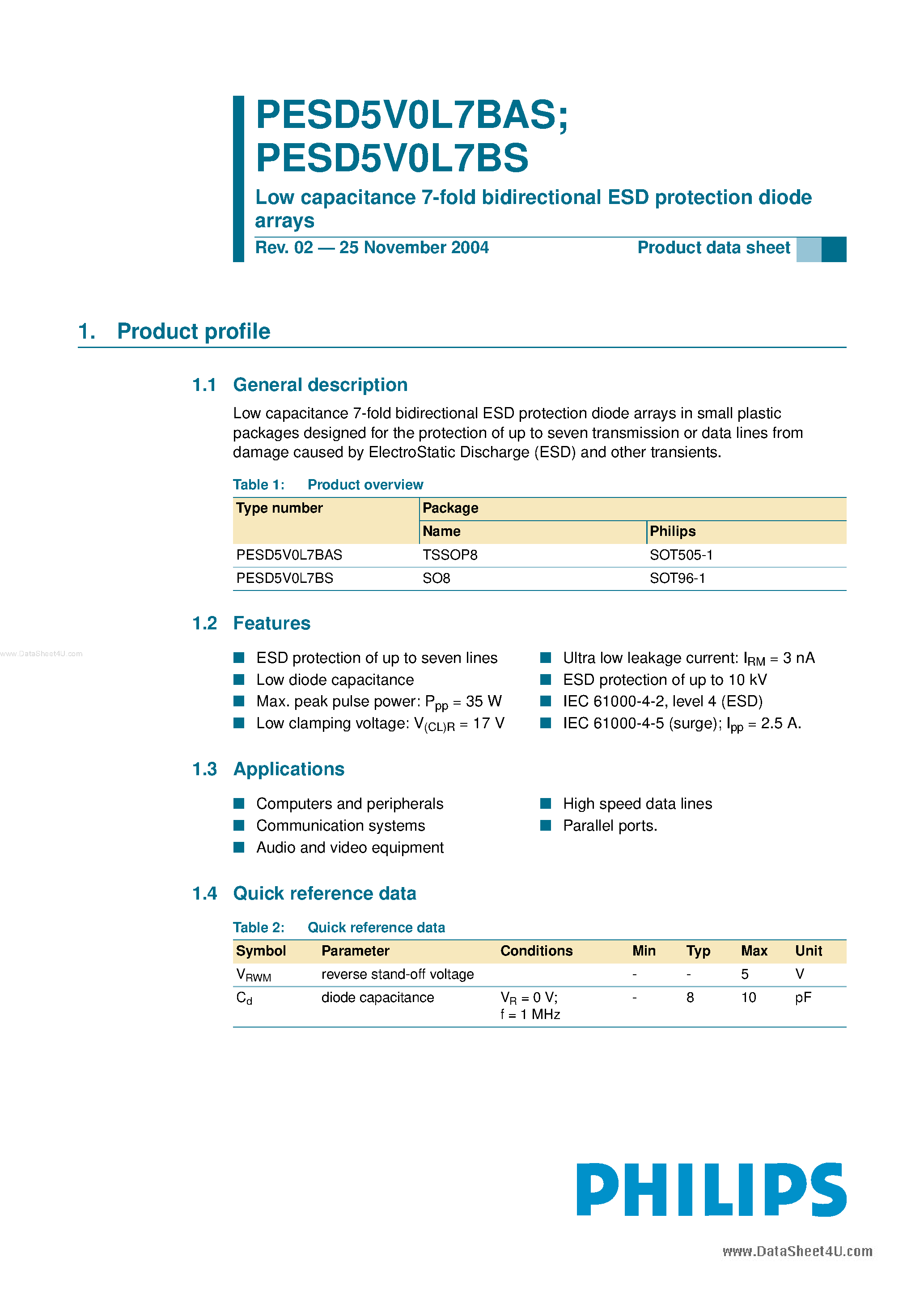 Даташит PESD5V0L7BAS - Low capacitance 7-fold bidirectional ESD protection diode arrays страница 1