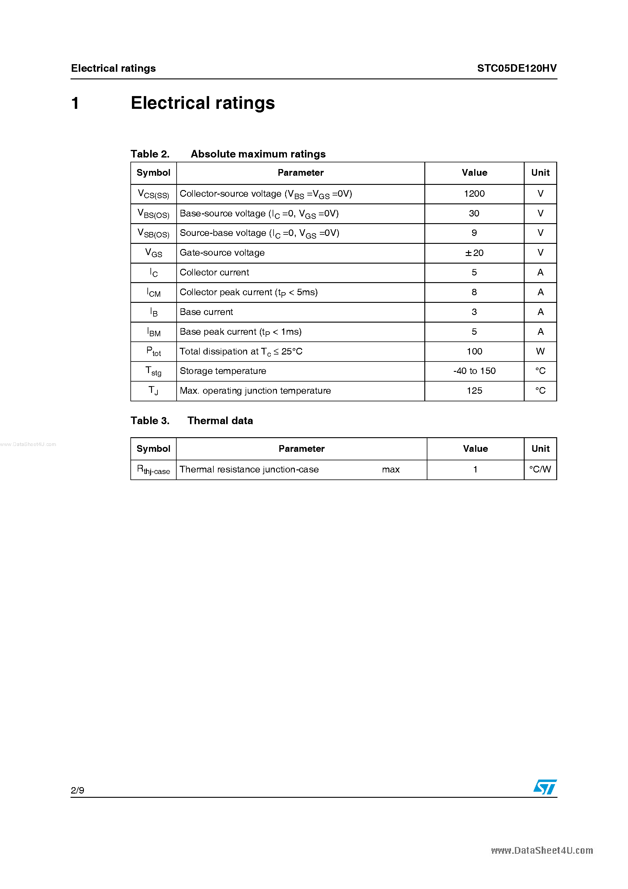 Datasheet STC05DE120HV page 2 Datasheet STC05DE120HV - Hybrid emitter switched bipolar transistor page 2