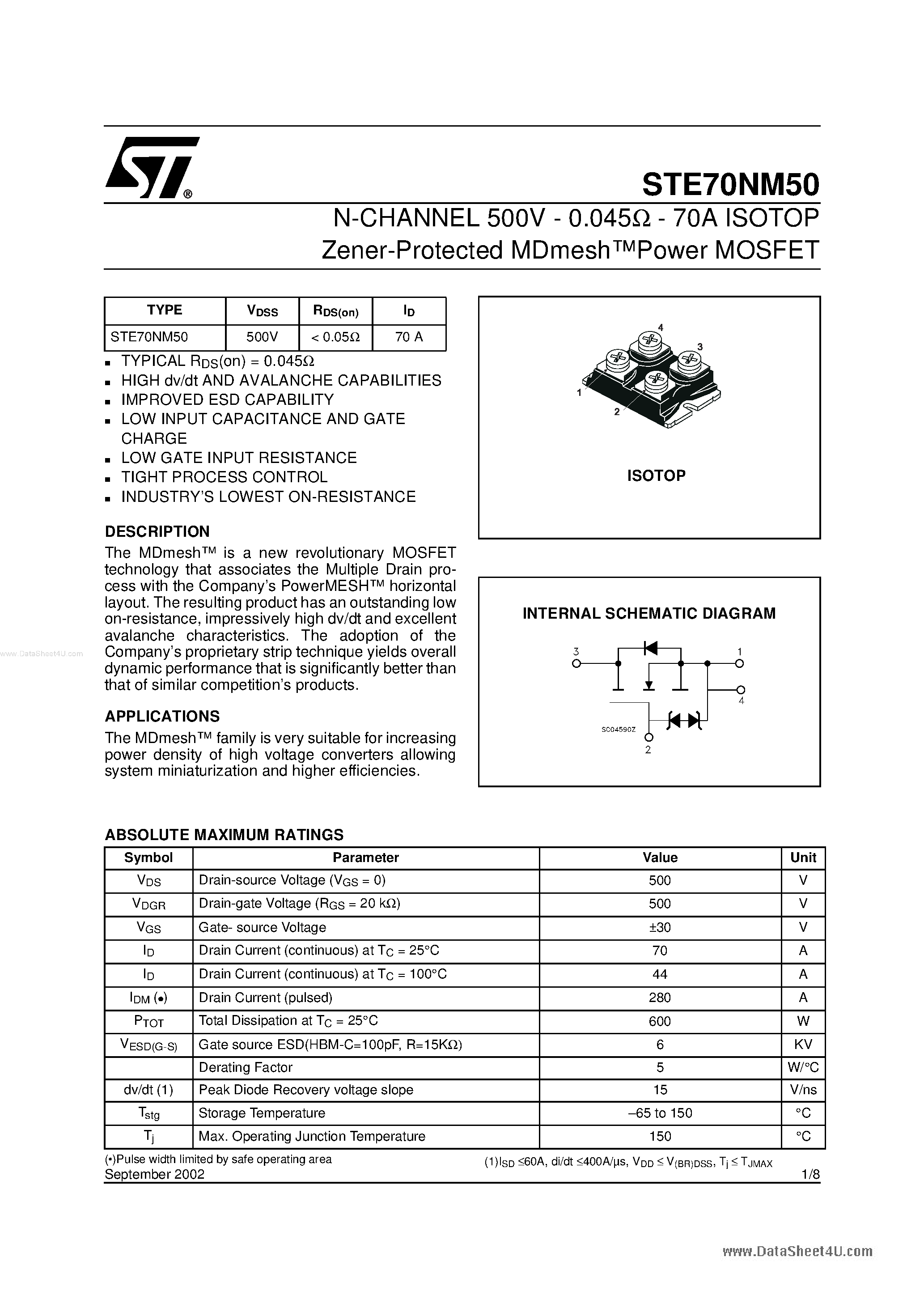 Datasheet STE70NM50 page 1 Datasheet STE70NM50 - N-channel Power MOSFET page 1