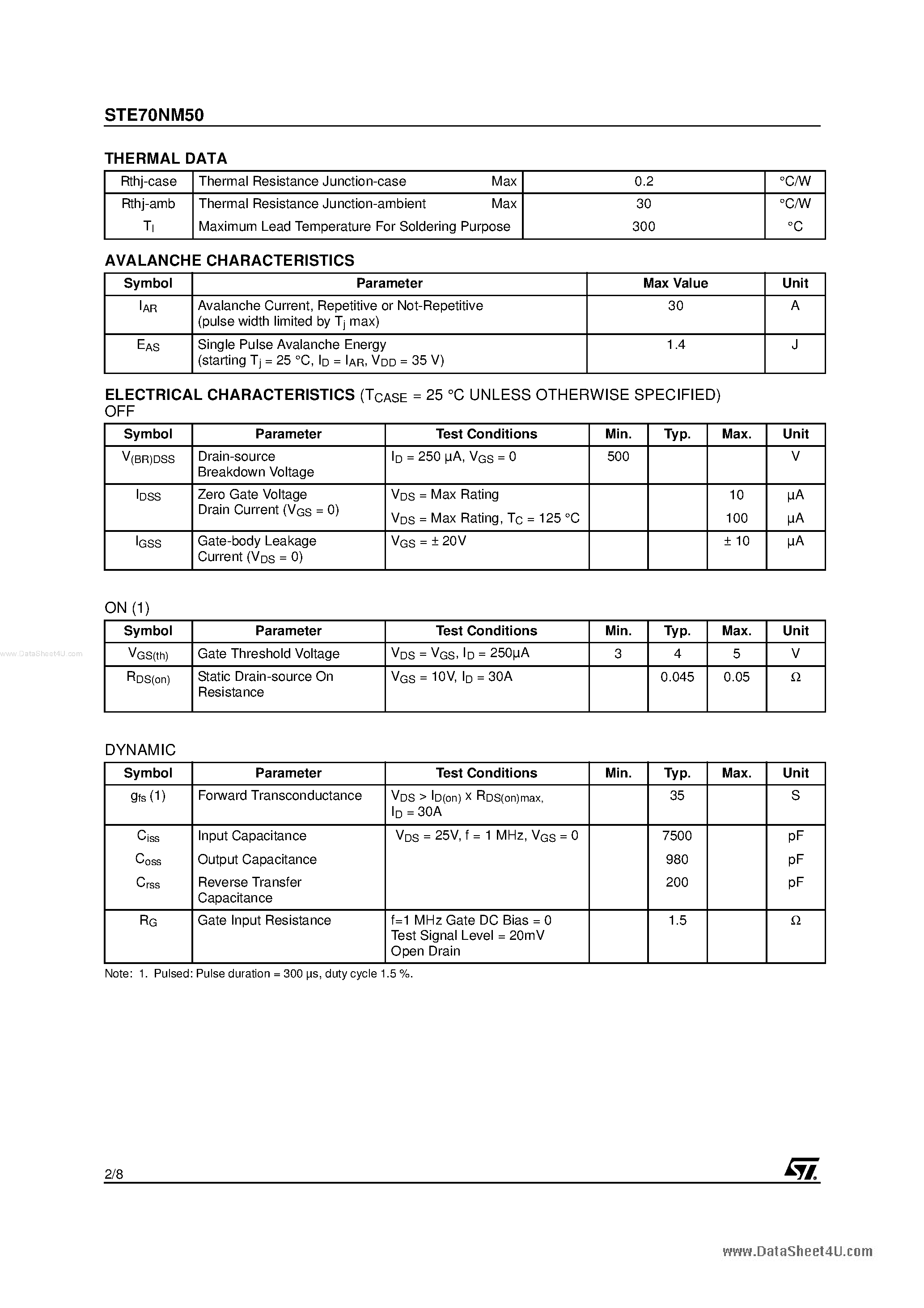 Datasheet STE70NM50 page 2 Datasheet STE70NM50 - N-channel Power MOSFET page 2