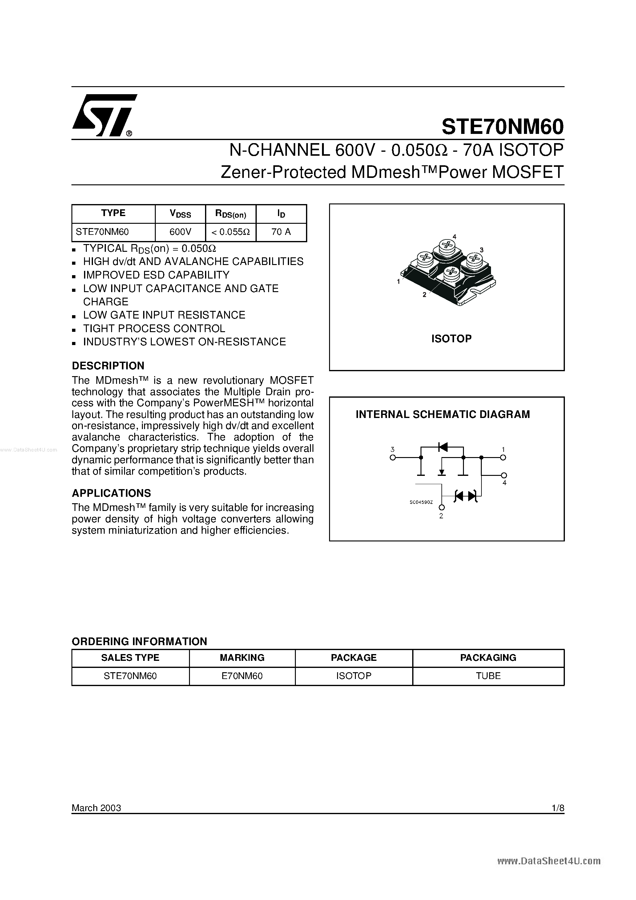 Datasheet STE70NM60 page 1 Datasheet STE70NM60 - N-channel Power MOSFET page 1