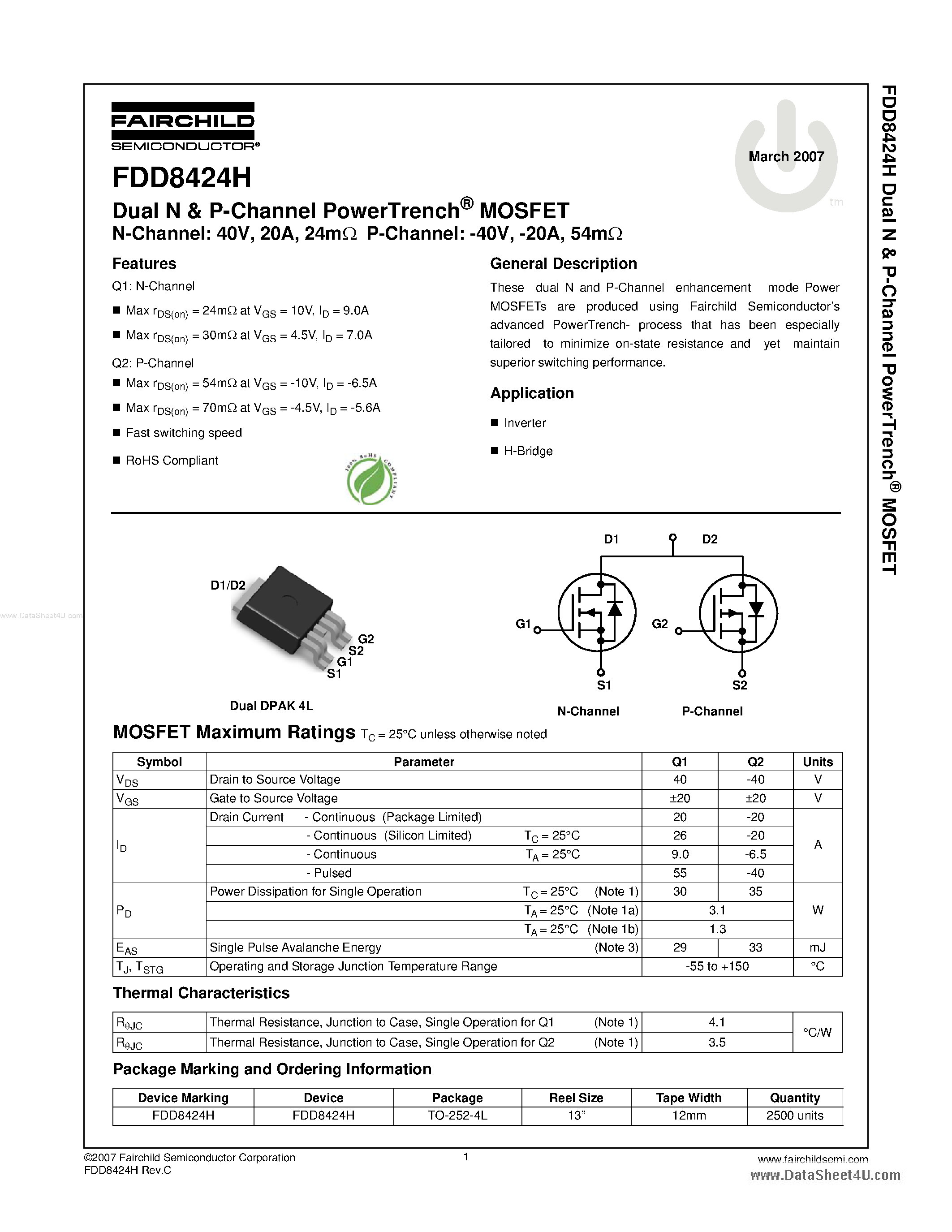 Даташит FDD8424H - Dual N & P-Channel PowerTrench MOSFET страница 1