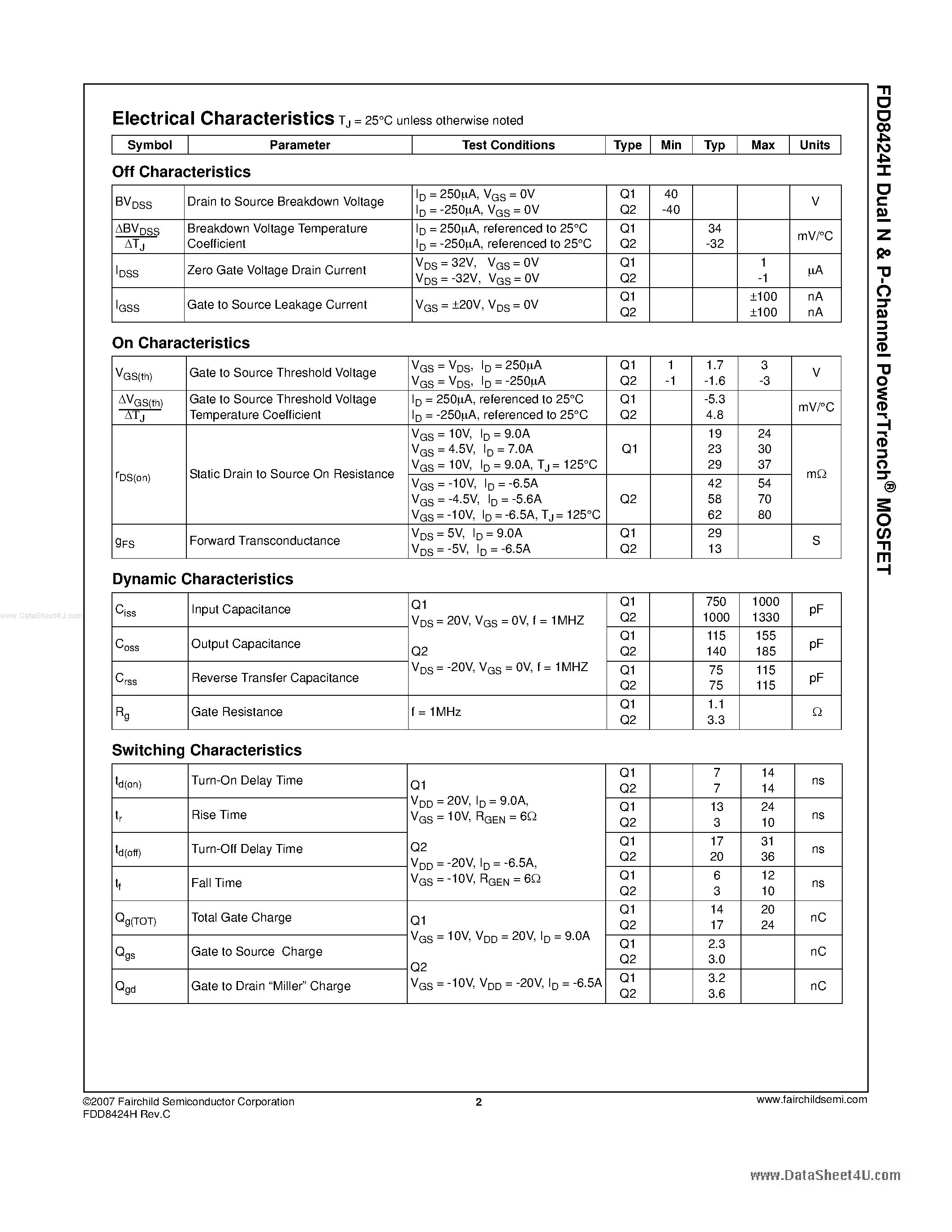 Даташит FDD8424H - Dual N & P-Channel PowerTrench MOSFET страница 2