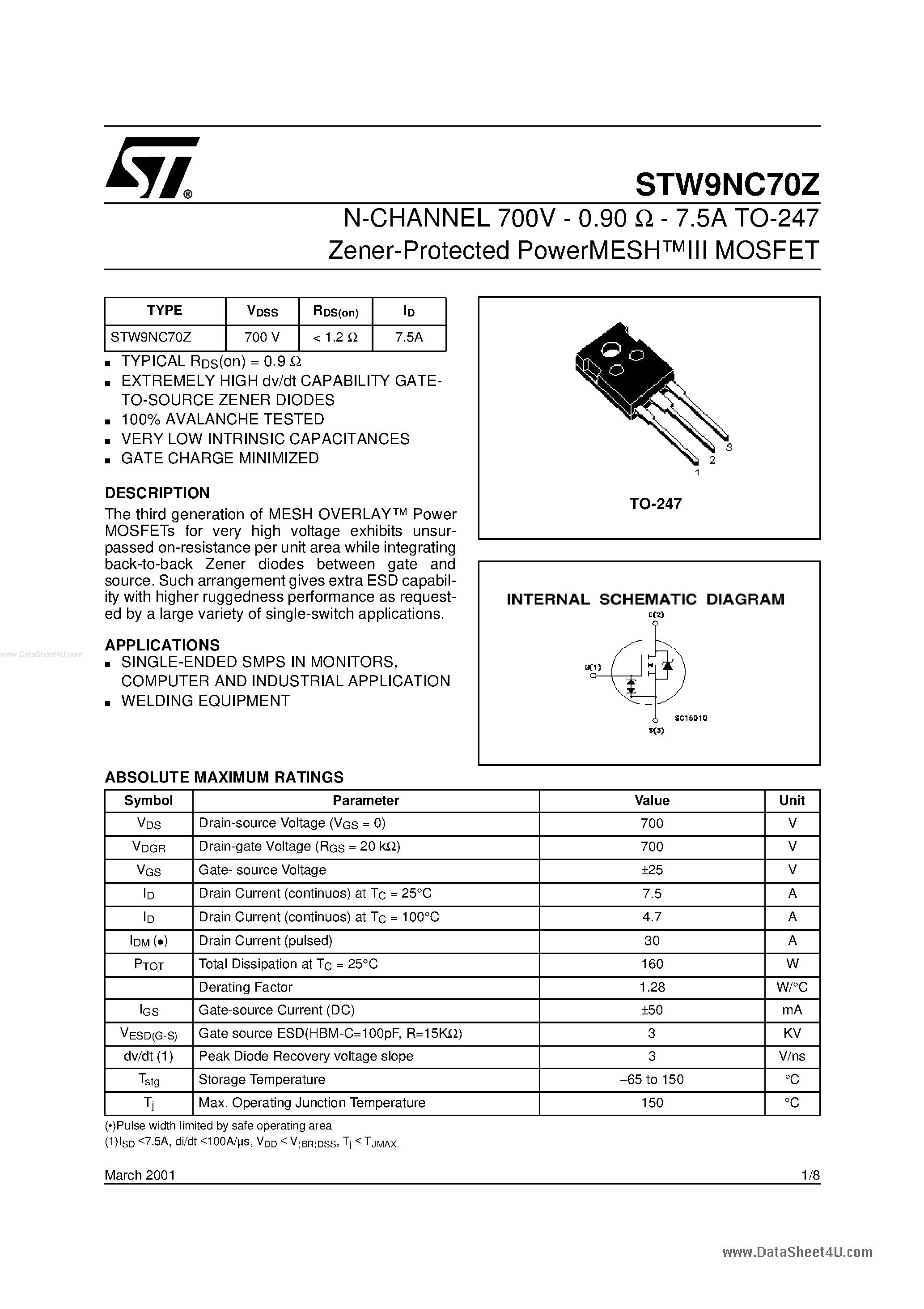 Datasheet STW9NC70Z page 1 Datasheet STW9NC70Z - N-channel MOSFET page 1
