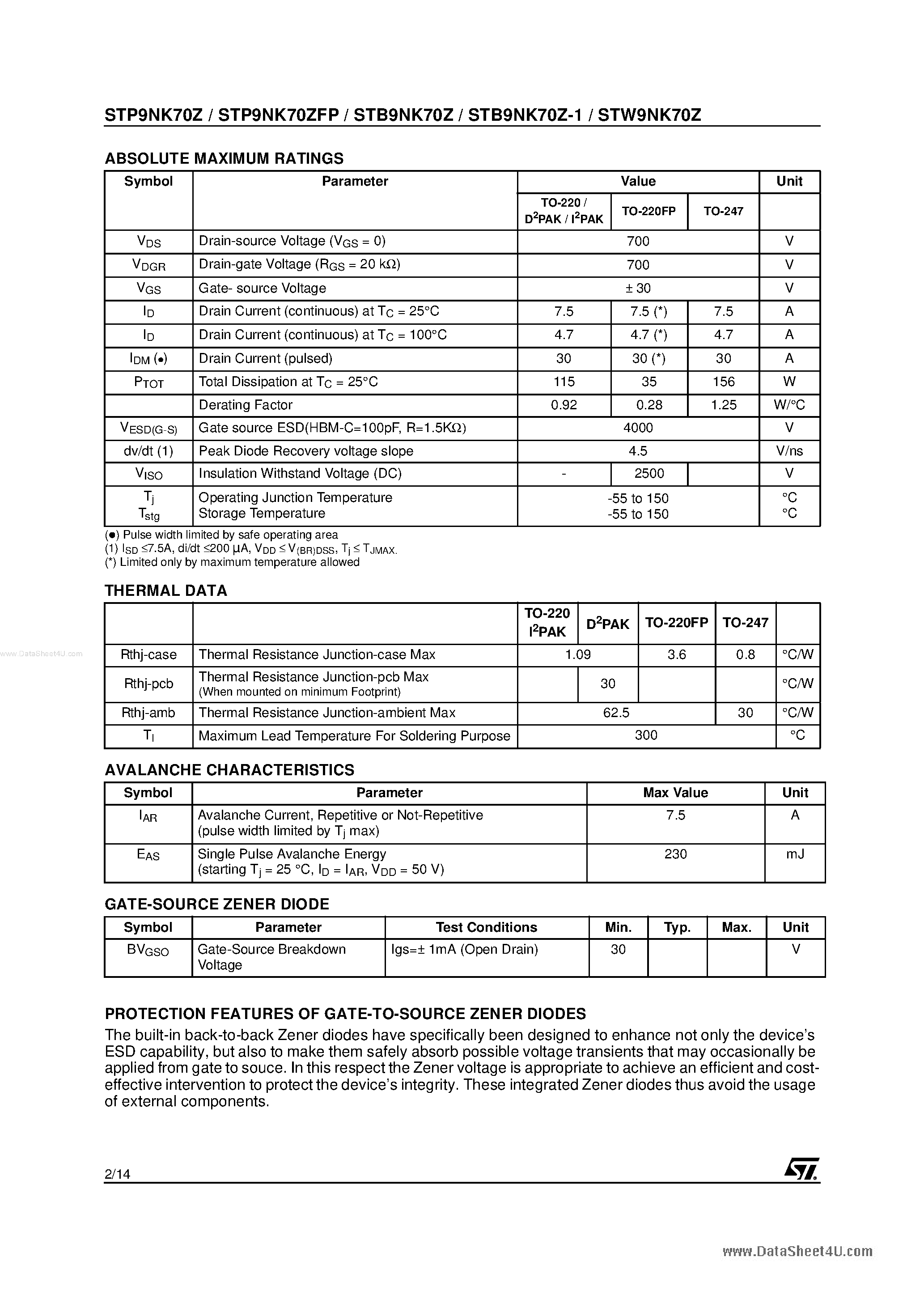 Datasheet STW9NK70Z page 2 Datasheet STW9NK70Z - N-channel MOSFET page 2