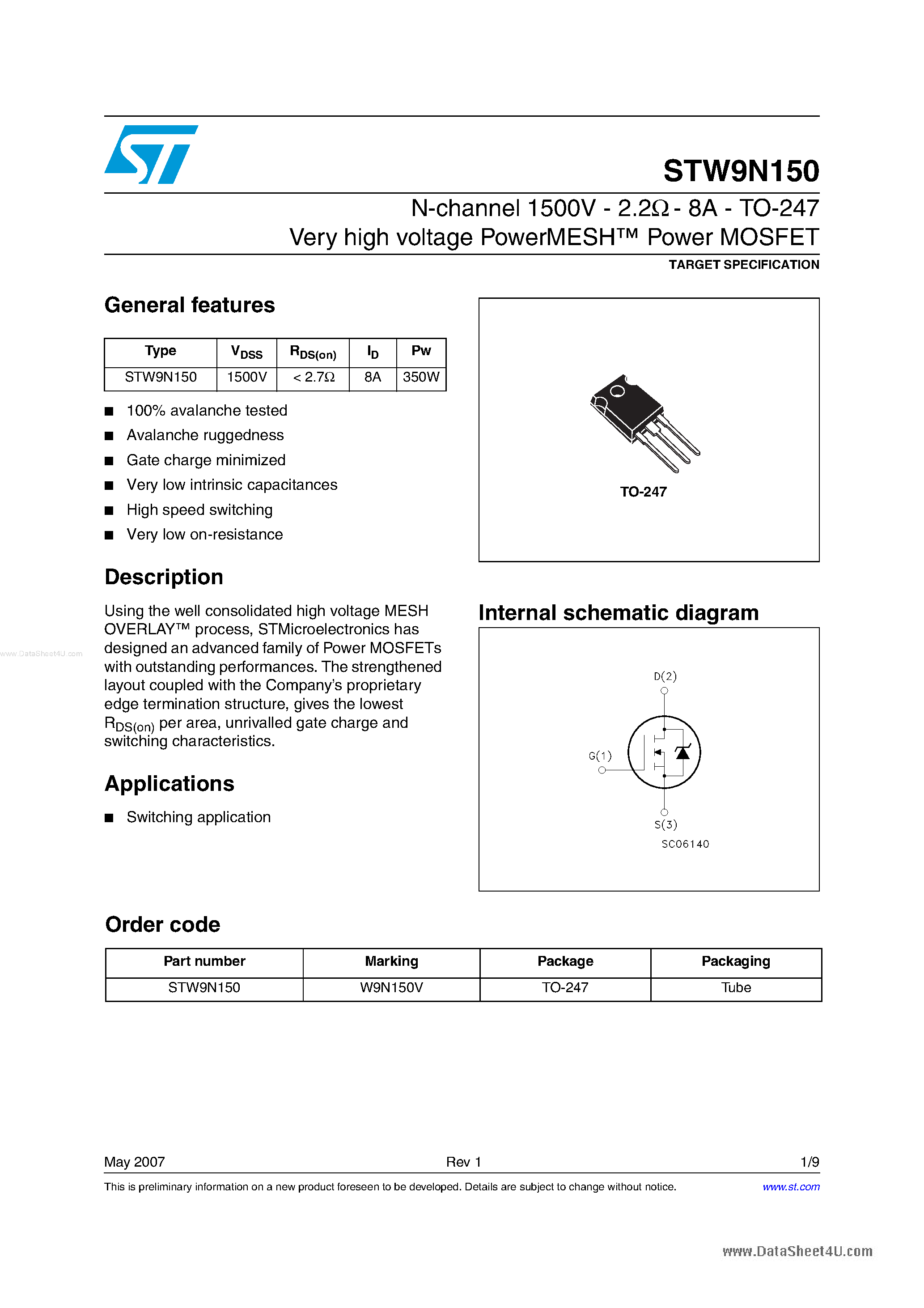 Datasheet STW9N150 - N-channel MOSFET page 1
