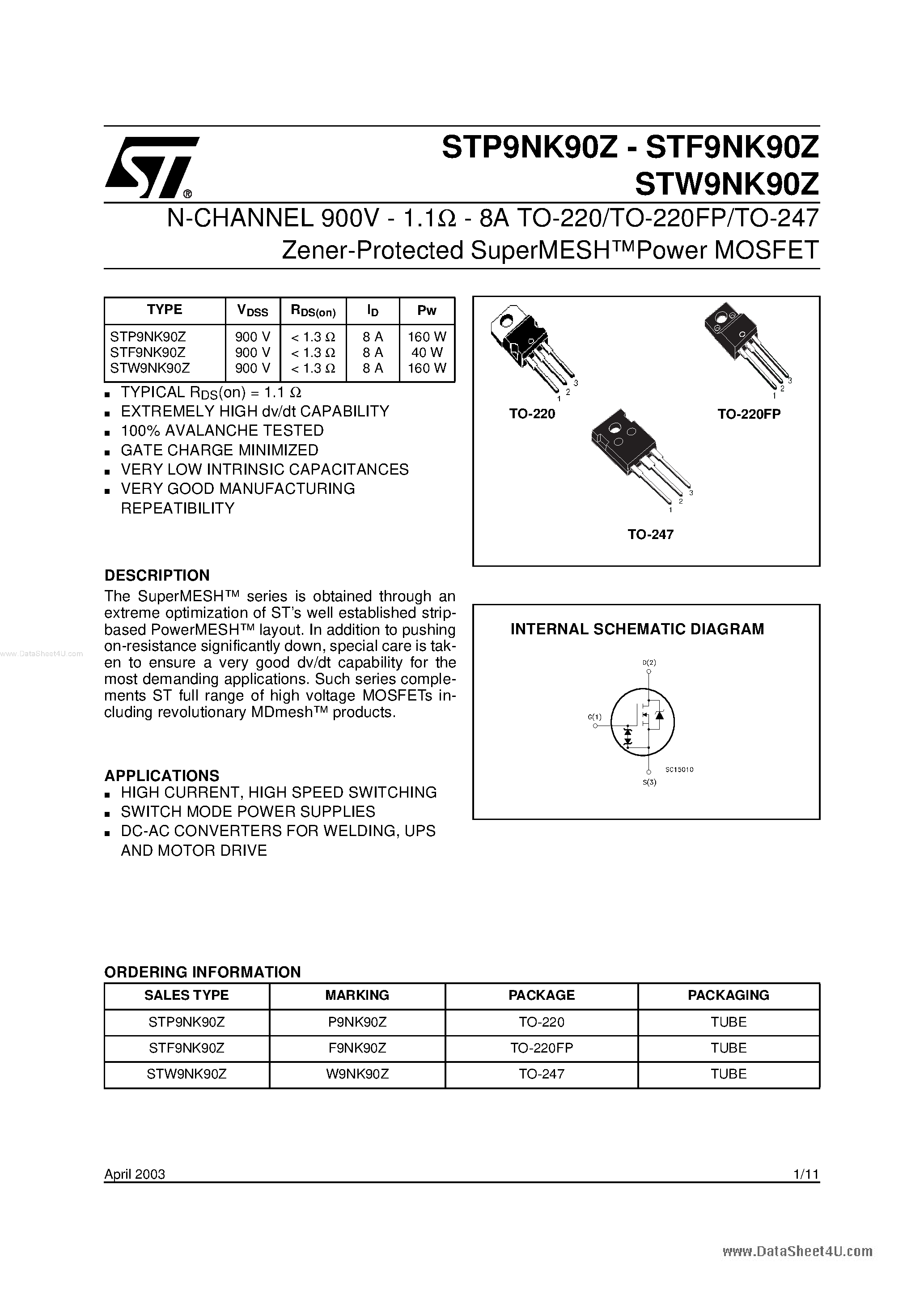 Datasheet STF9NK90Z page 1 Datasheet STF9NK90Z - N-channel MOSFET page 1