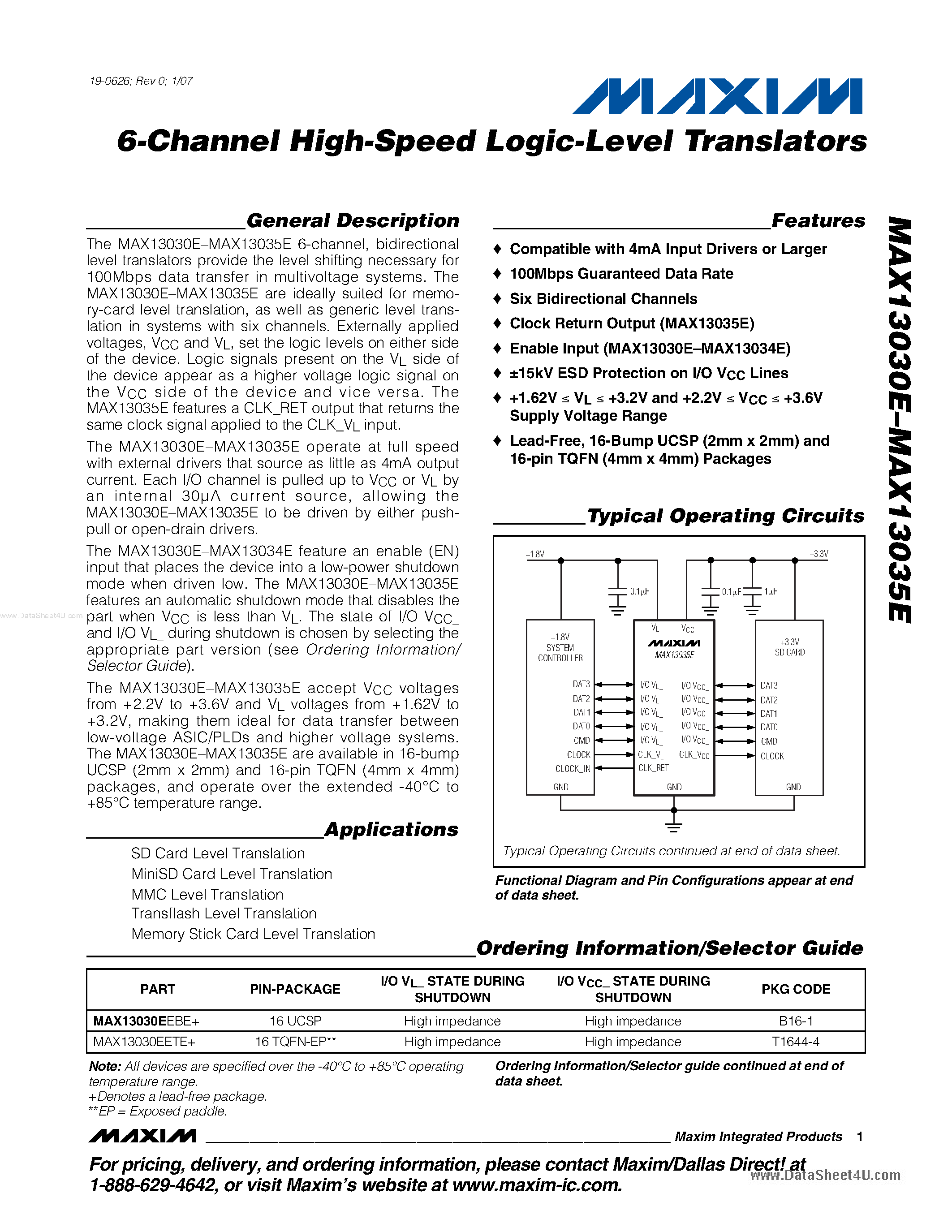 Даташит MAX13030E - (MAX13030E - MAX13035E) 6-Channel High SPeed LLT страница 1