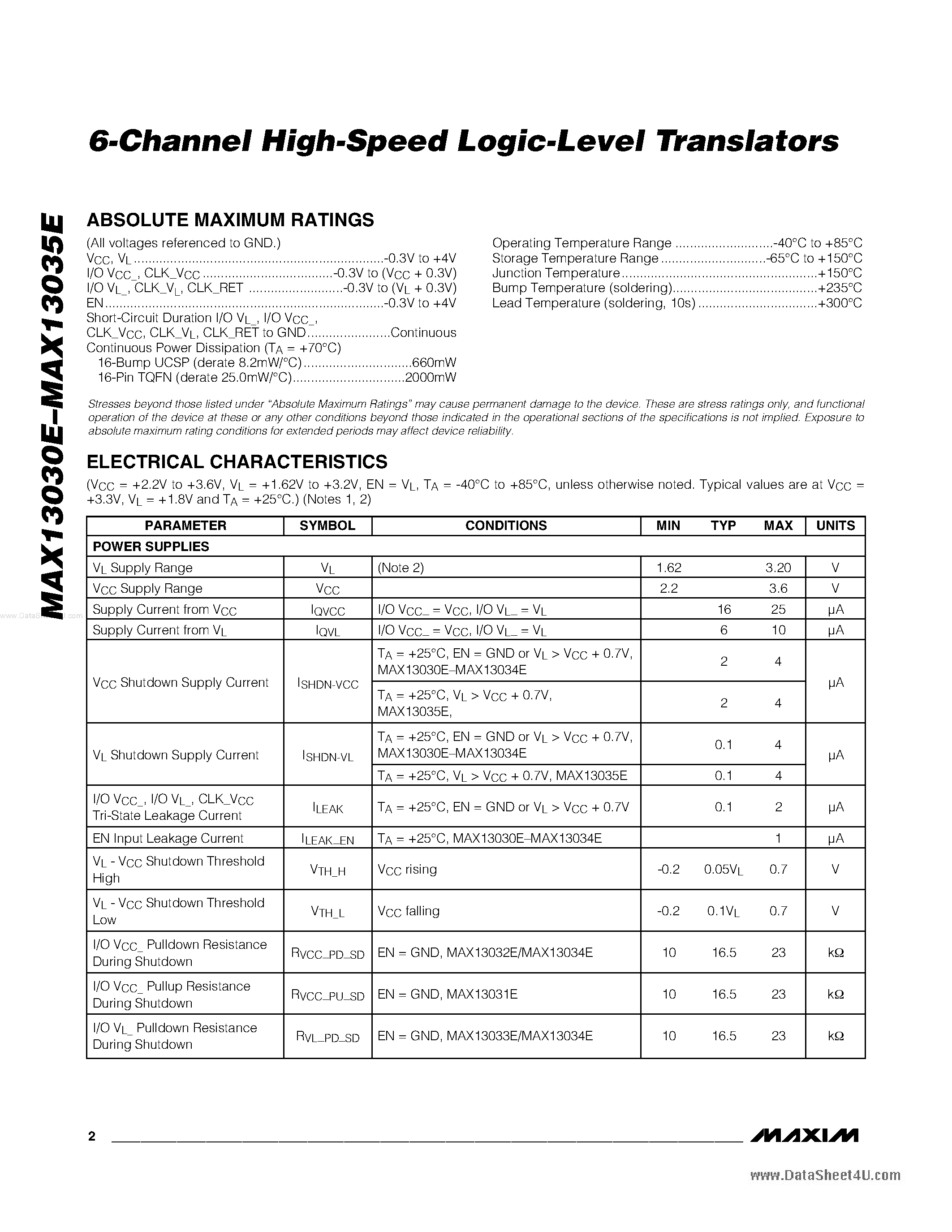 Даташит MAX13030E - (MAX13030E - MAX13035E) 6-Channel High SPeed LLT страница 2