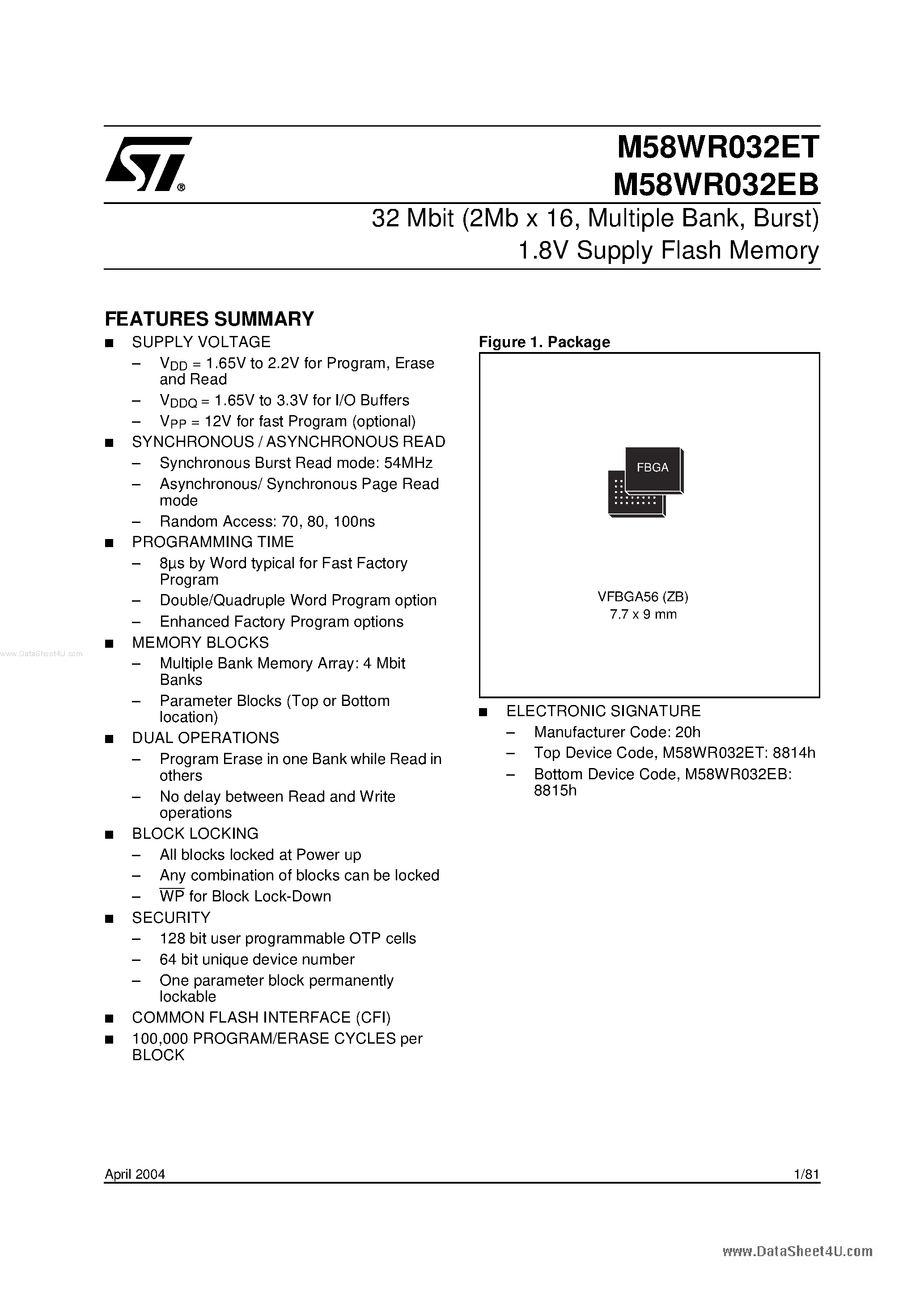 Даташит M58WR032EB - (M58WR032EB/T) Flash Memory страница 1