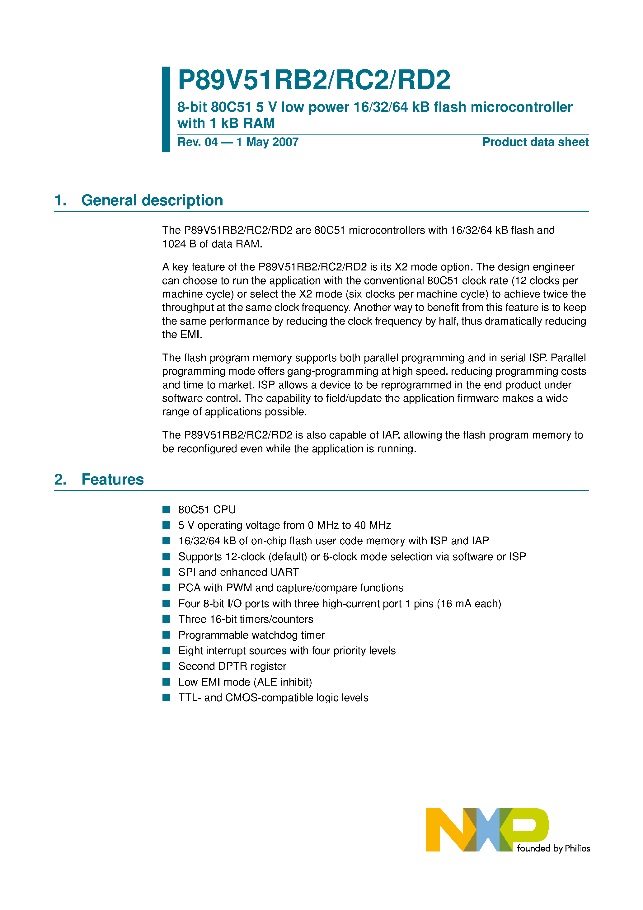 Даташит P89V51RB2 - (P89V51RB2 / P89V51RC2) 8-bit 80C51 5 V low power 16/32/64 kB Flash microcontroller страница 1