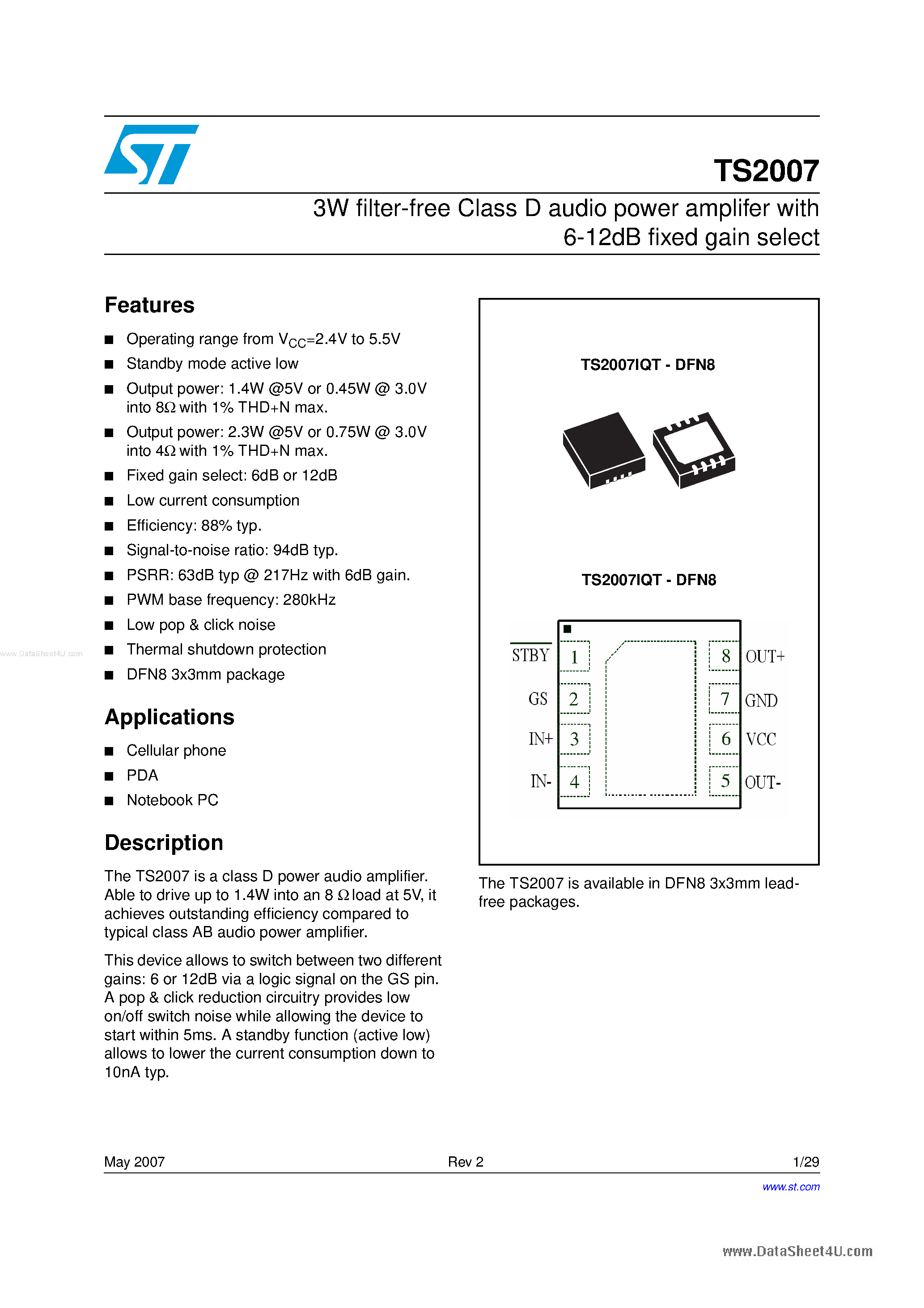 Datasheet TS2007 - 3W filter-free Class D audio power amplifier page 1