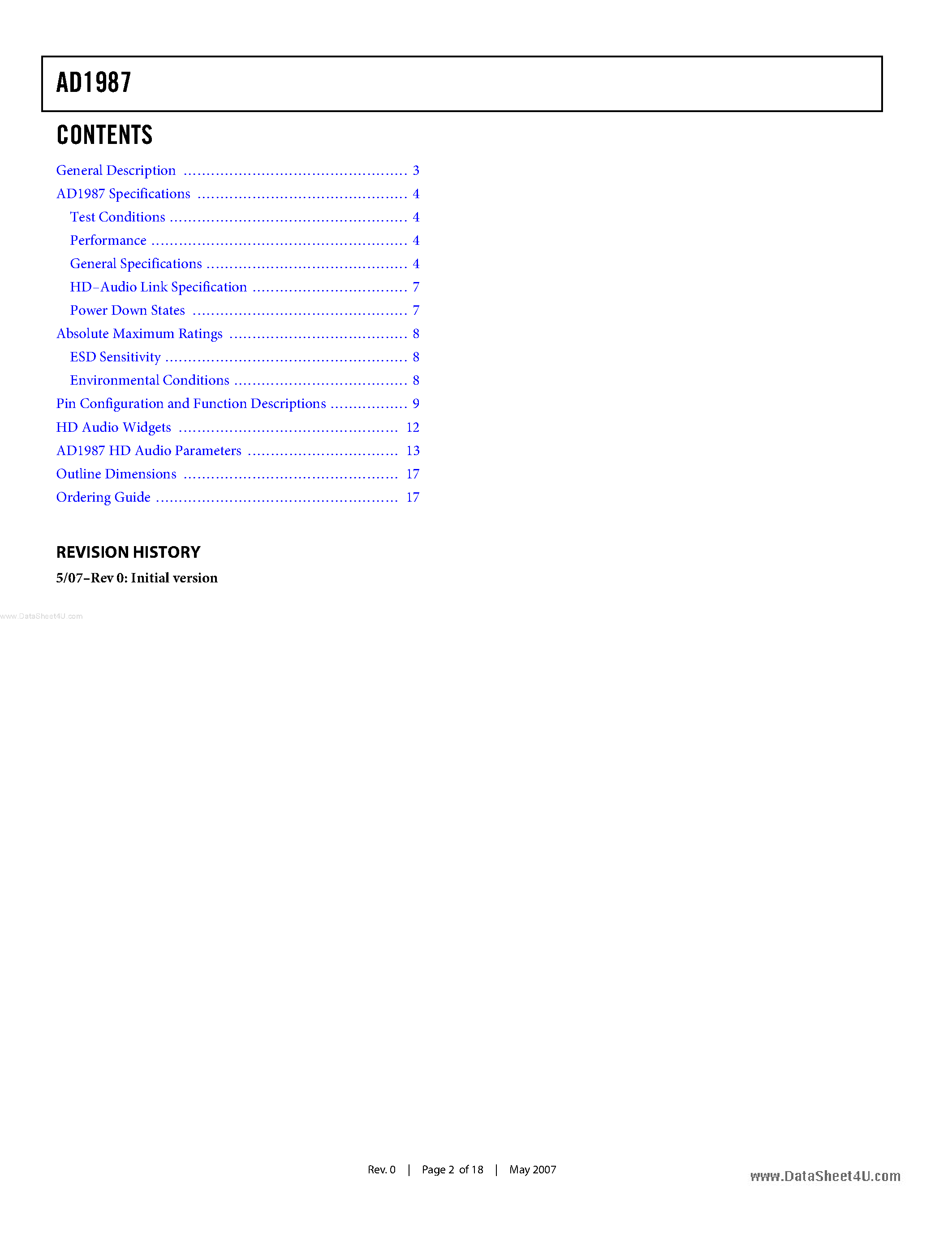 Datasheet AD1987 page 2 Datasheet AD1987 - HD Audio Codec page 2