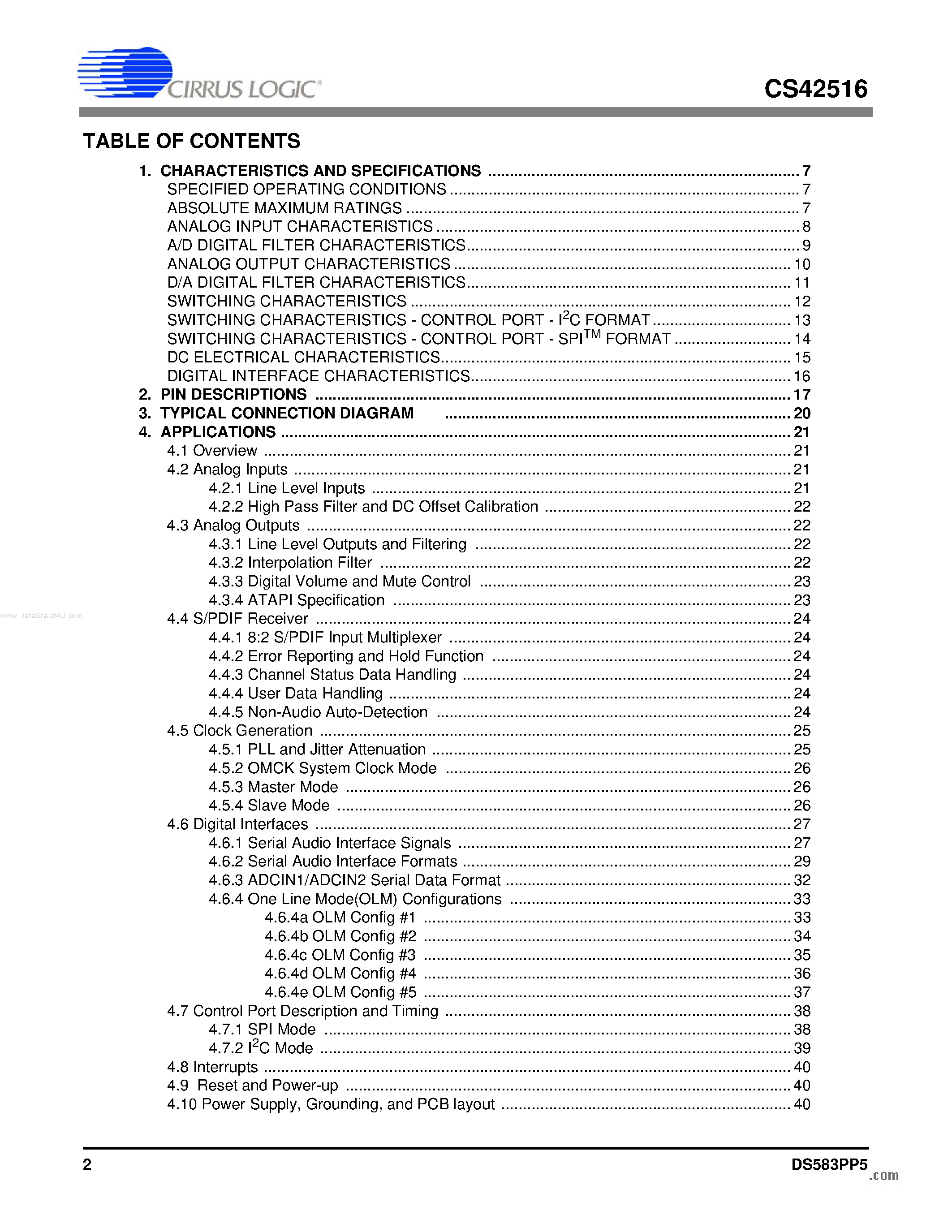 Datasheet CS42516 - 6-Ch Codec page 2