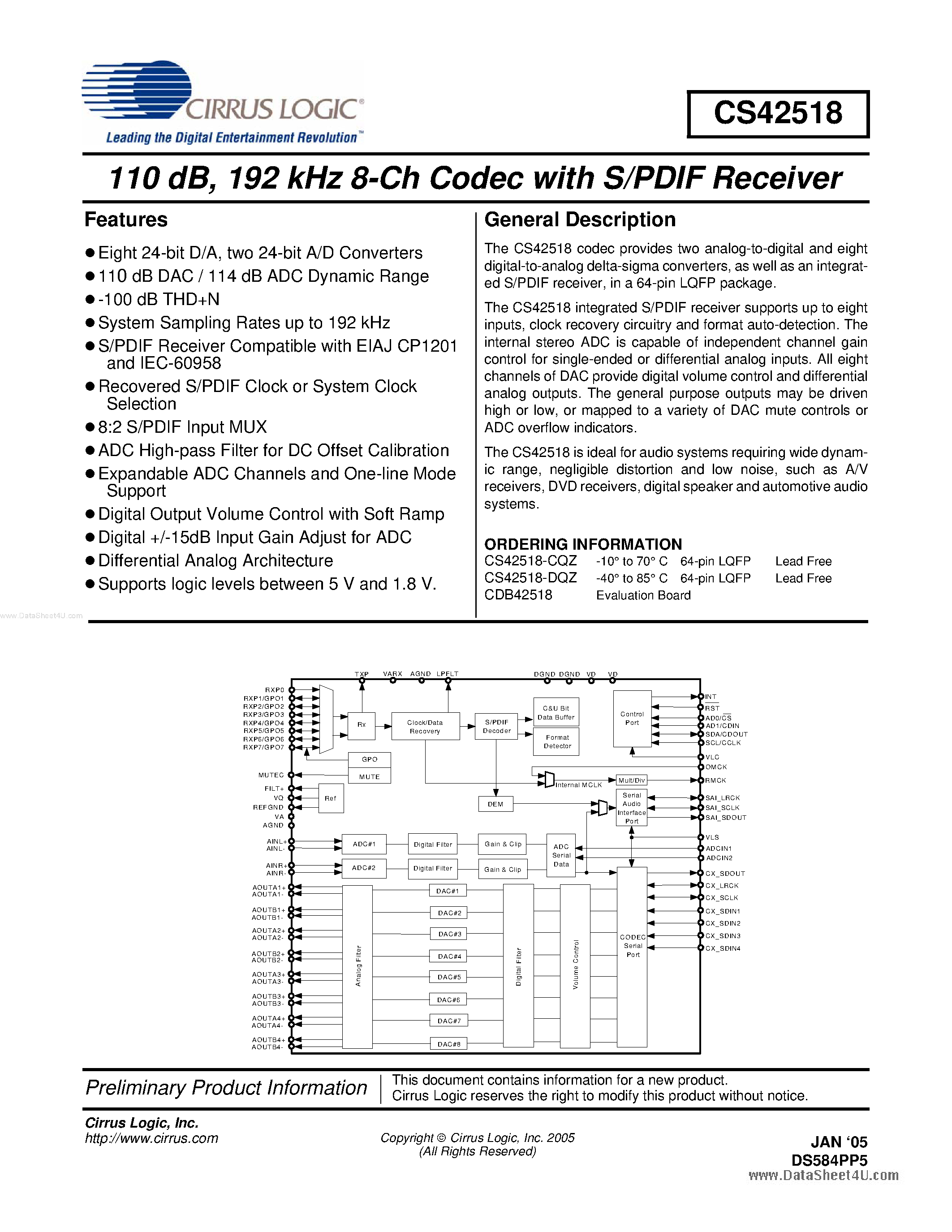 Datasheet CS42518 page 1 Datasheet CS42518 - 6-Ch Codec page 1