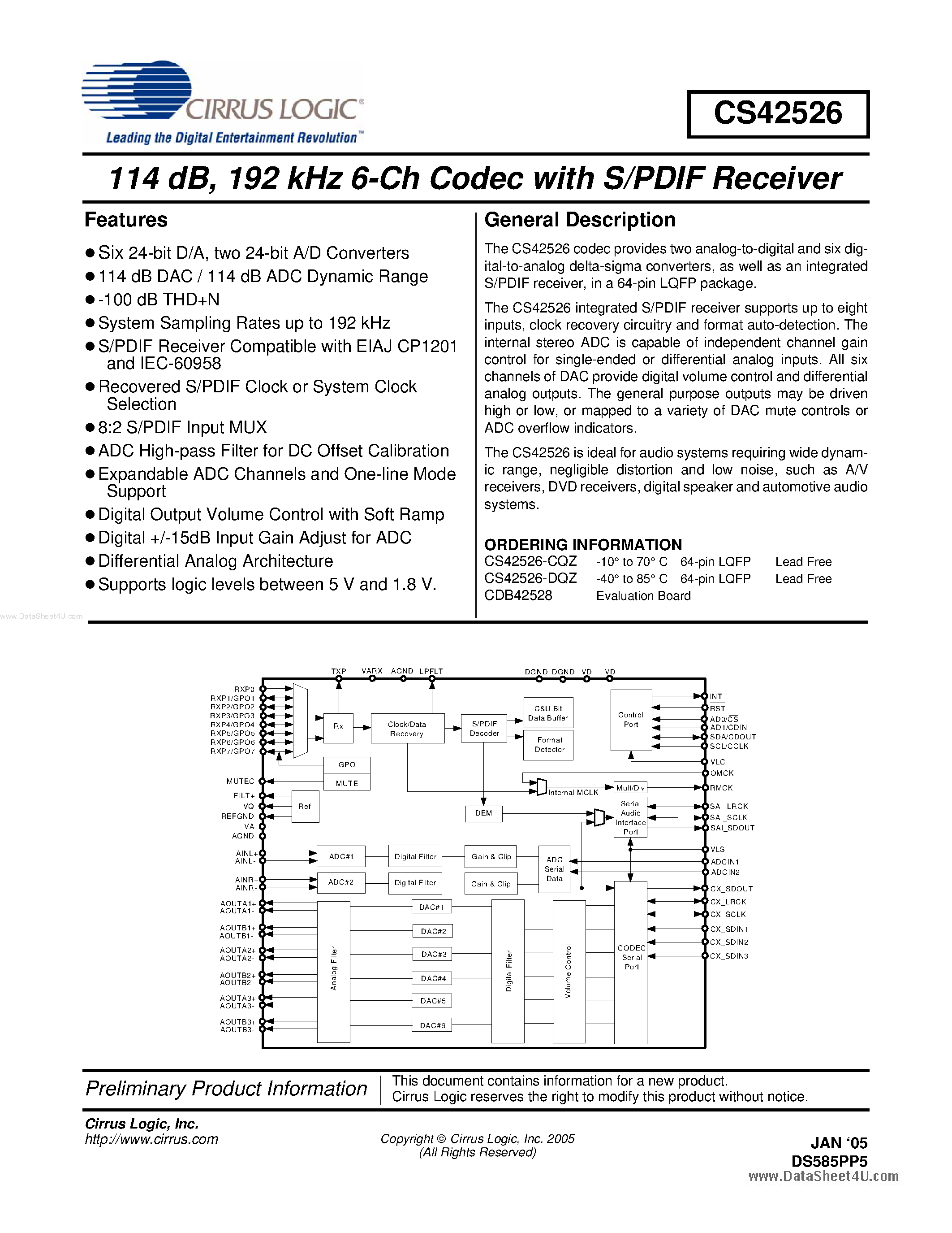 Datasheet CS42526 page 1 Datasheet CS42526 - 6-Ch Codec page 1