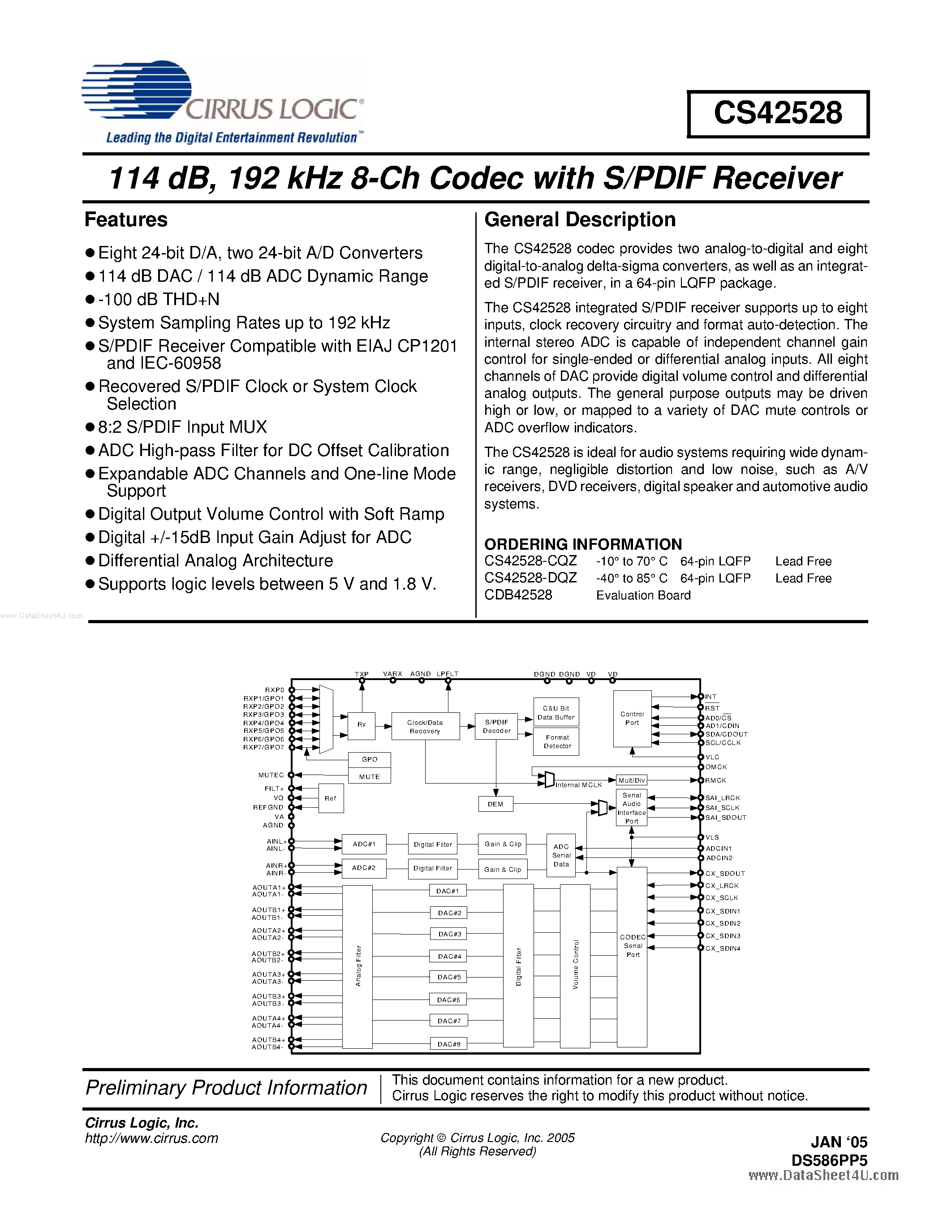 Даташит на микросхему CS42528 страница 1 Даташит CS42528 - 6-Ch Codec страница 1