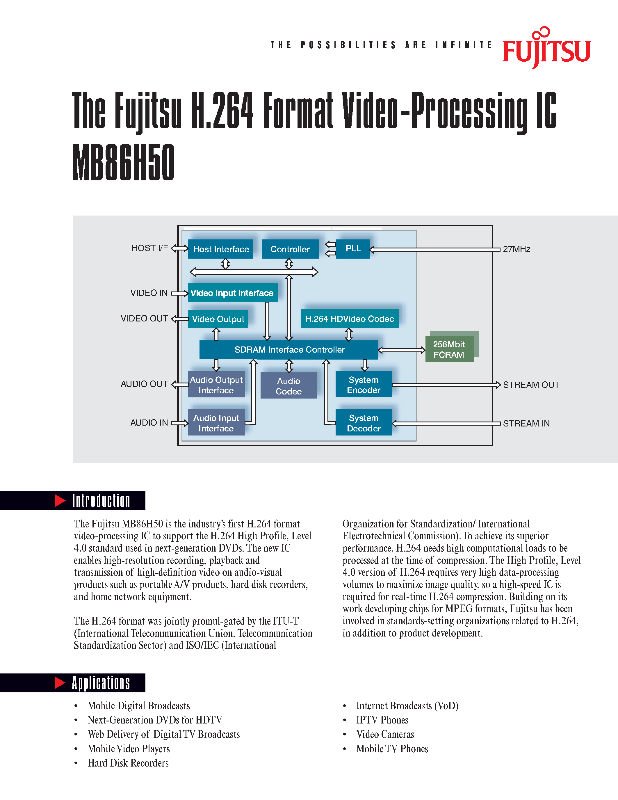 Datasheet MB86H50 page 1 Datasheet MB86H50 - The Fujitsu H.264 Format Video-Processing IC page 1