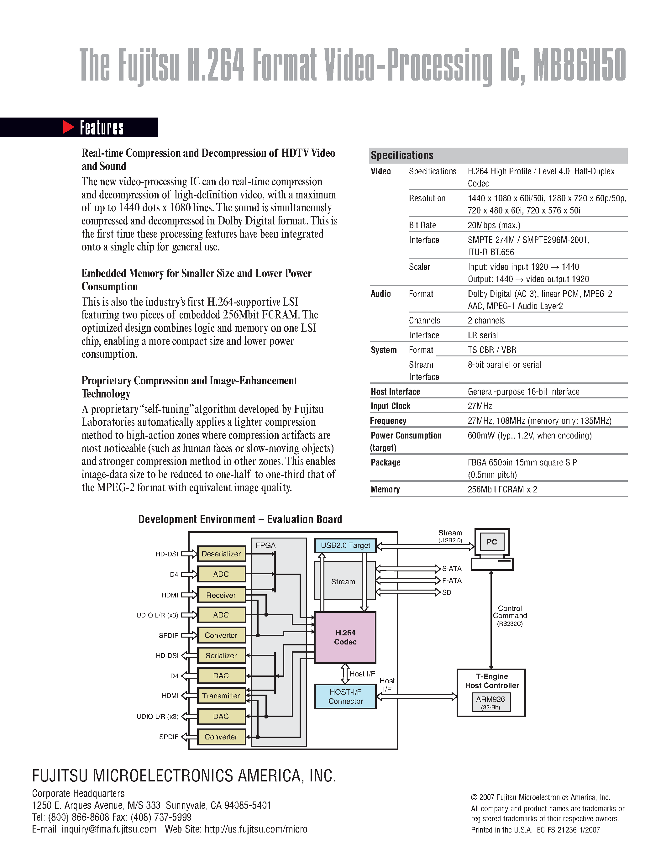 Datasheet MB86H50 page 2 Datasheet MB86H50 - The Fujitsu H.264 Format Video-Processing IC page 2