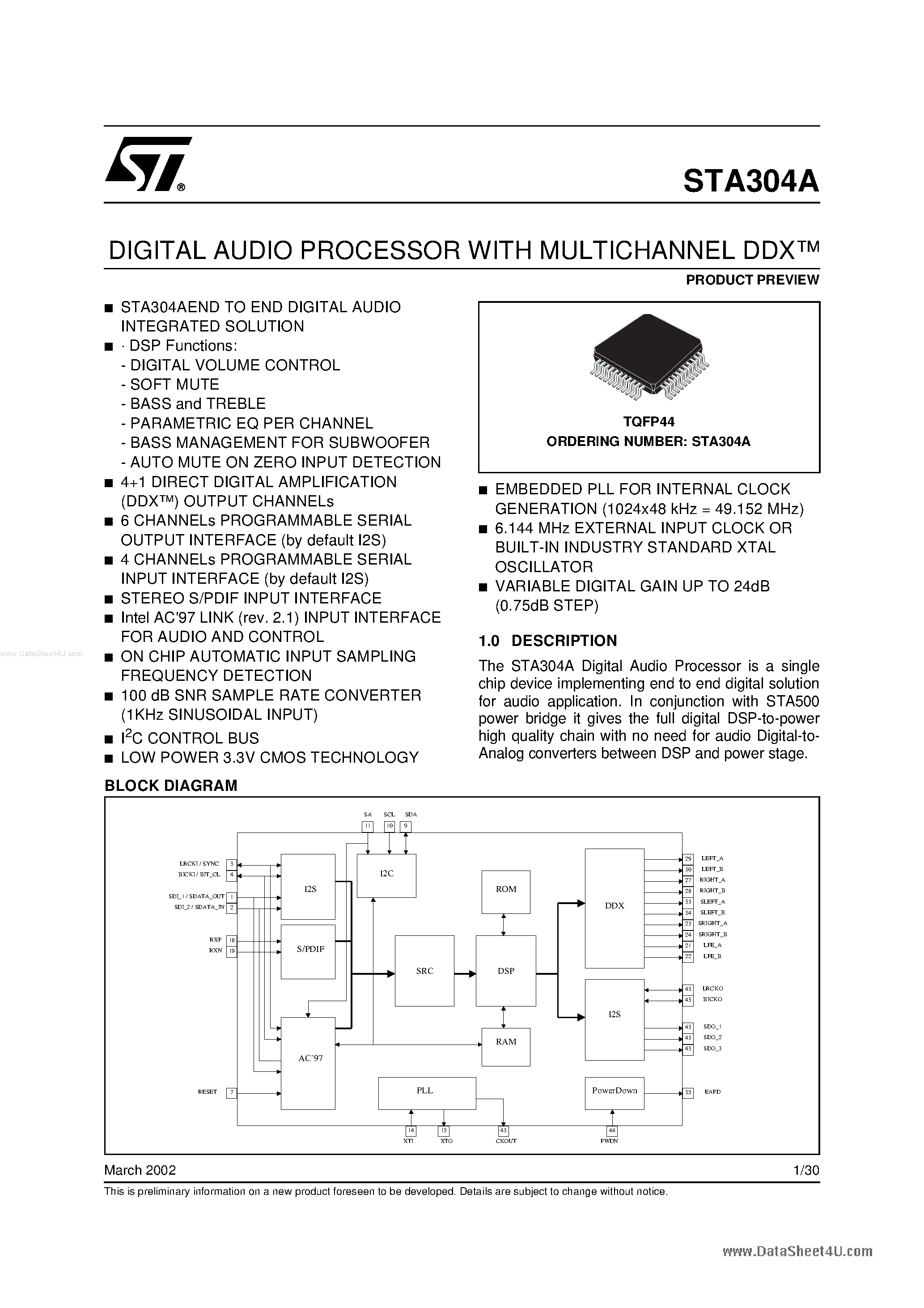 Datasheet STA304A page 1 Datasheet STA304A - DIGITAL AUDIO PROCESSOR page 1
