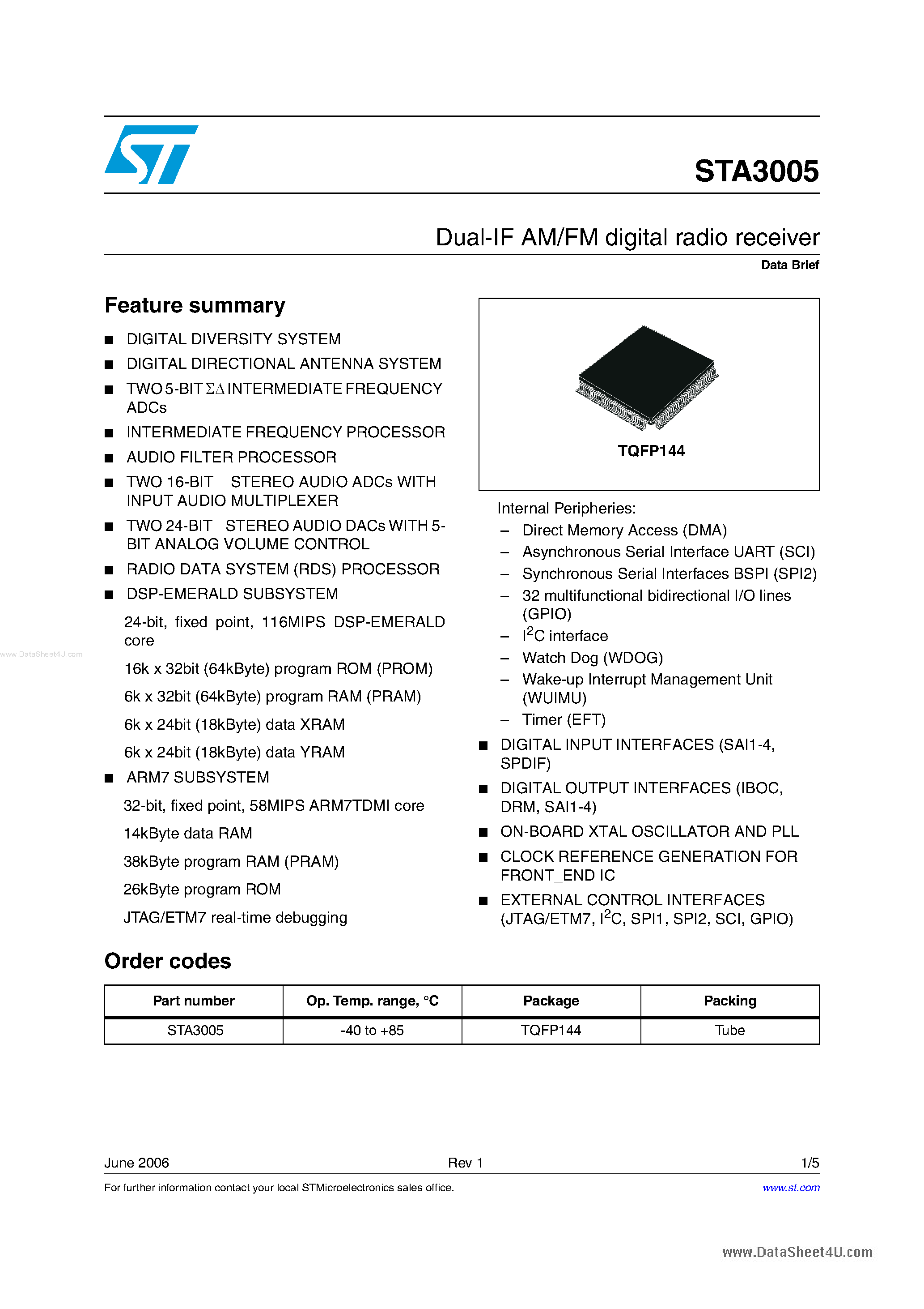 Datasheet STA3005 page 1 Datasheet STA3005 - Dual IF AM/FM Digital Radio Receiver page 1