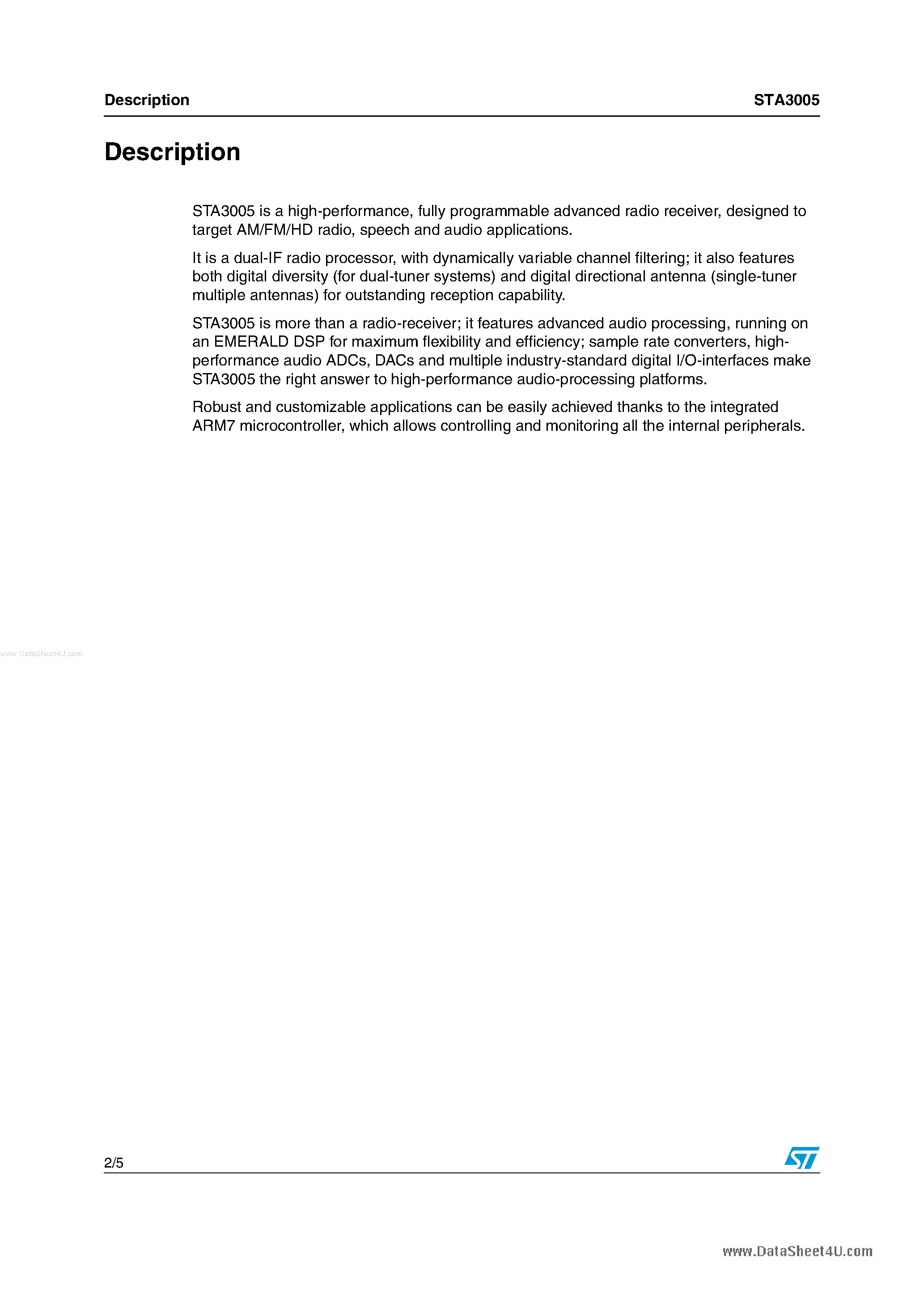 Datasheet STA3005 page 2 Datasheet STA3005 - Dual IF AM/FM Digital Radio Receiver page 2