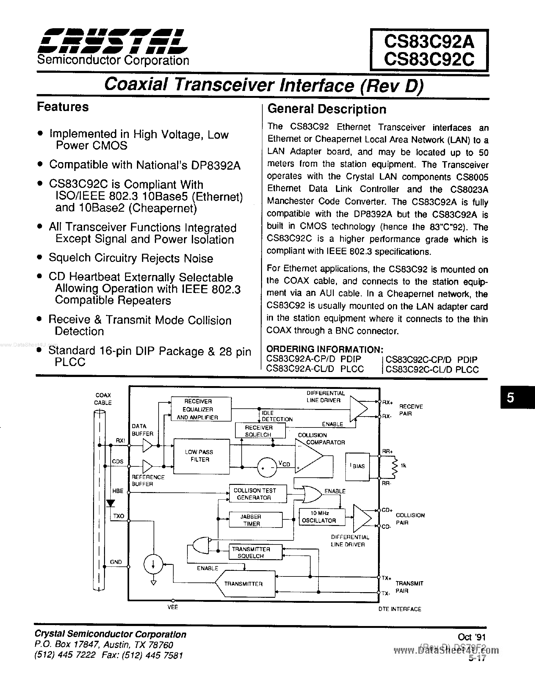 Даташит PQ83C92A - (PQ83C92A/C) Coaxial Transceiver Interface страница 1