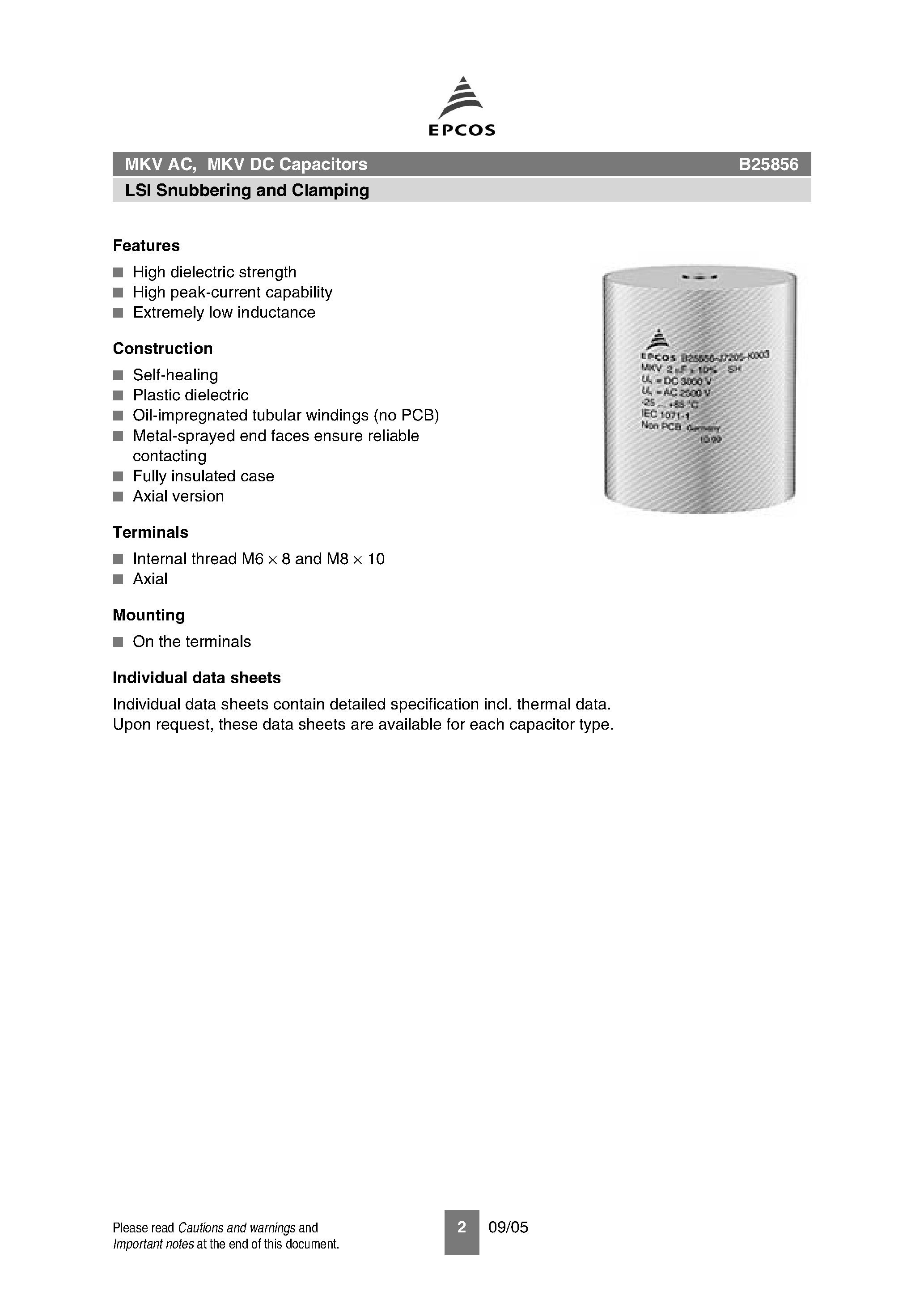 Datasheet B25856 page 2 Datasheet B25856 - MKV DC Capacitors LSI Snubbering and Clamping page 2