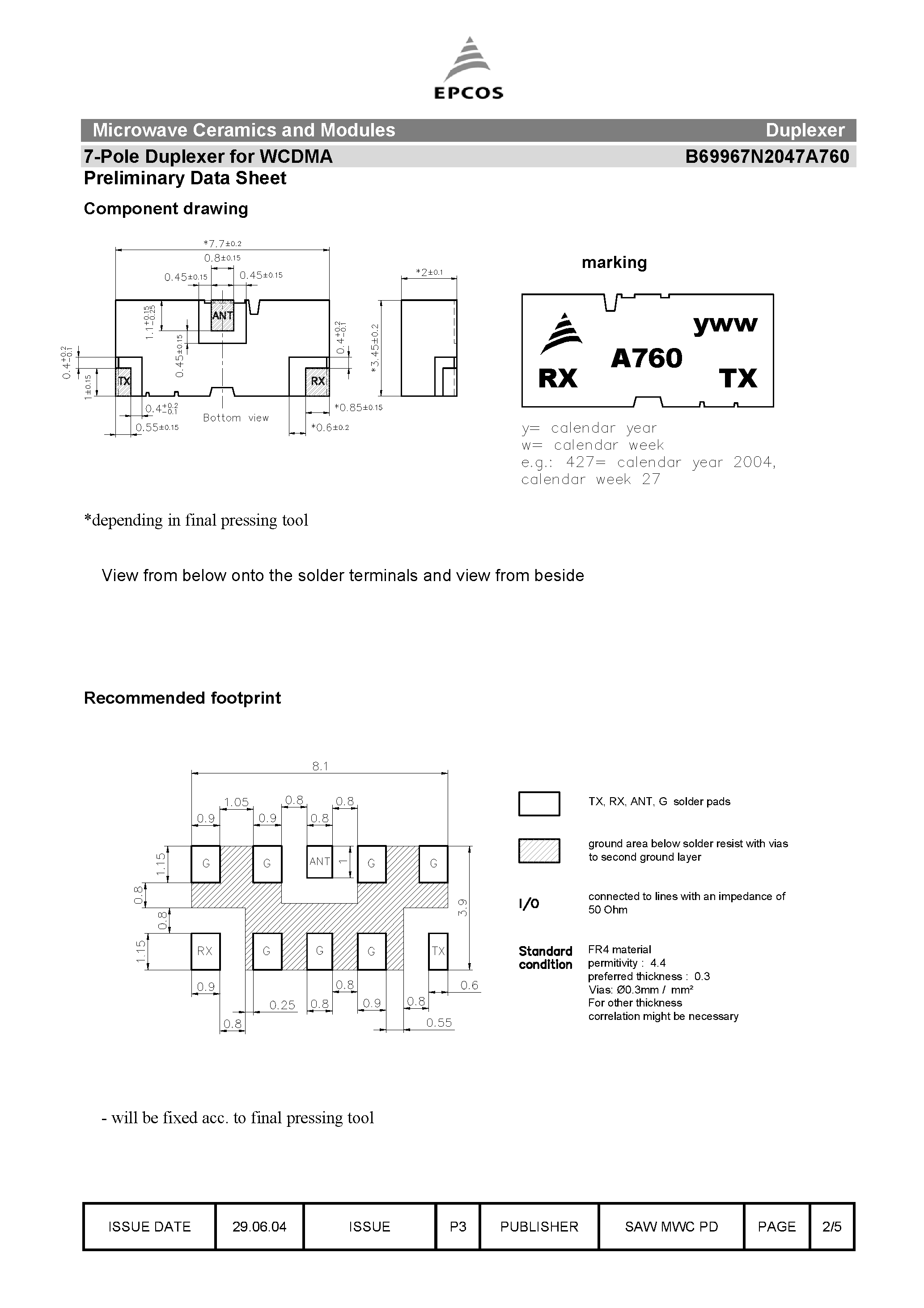 Datasheet B69967N2047A760 page 2 Datasheet B69967N2047A760 - 7-Pole Duplexer page 2