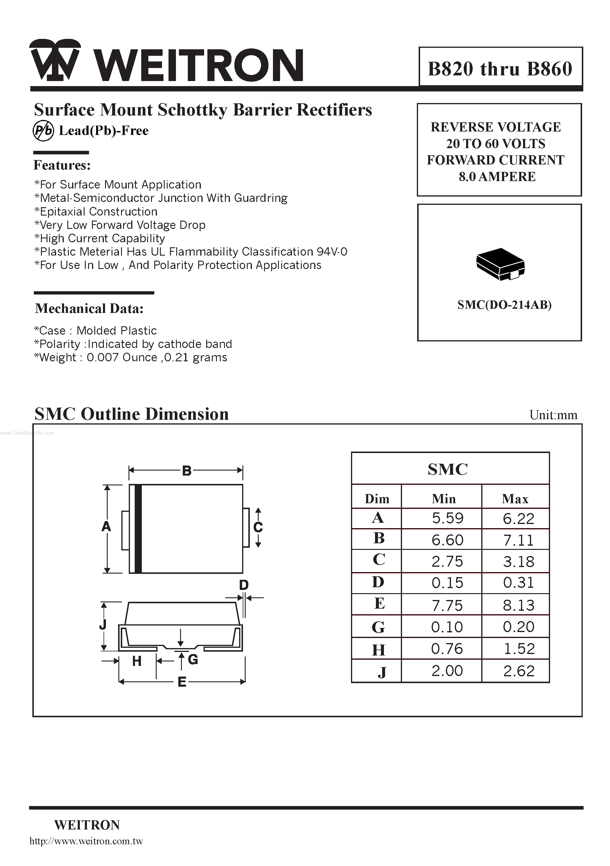 Datasheet B850 page 1 Datasheet B850 - Surface Mount Schottky Barrier Rectifiers page 1