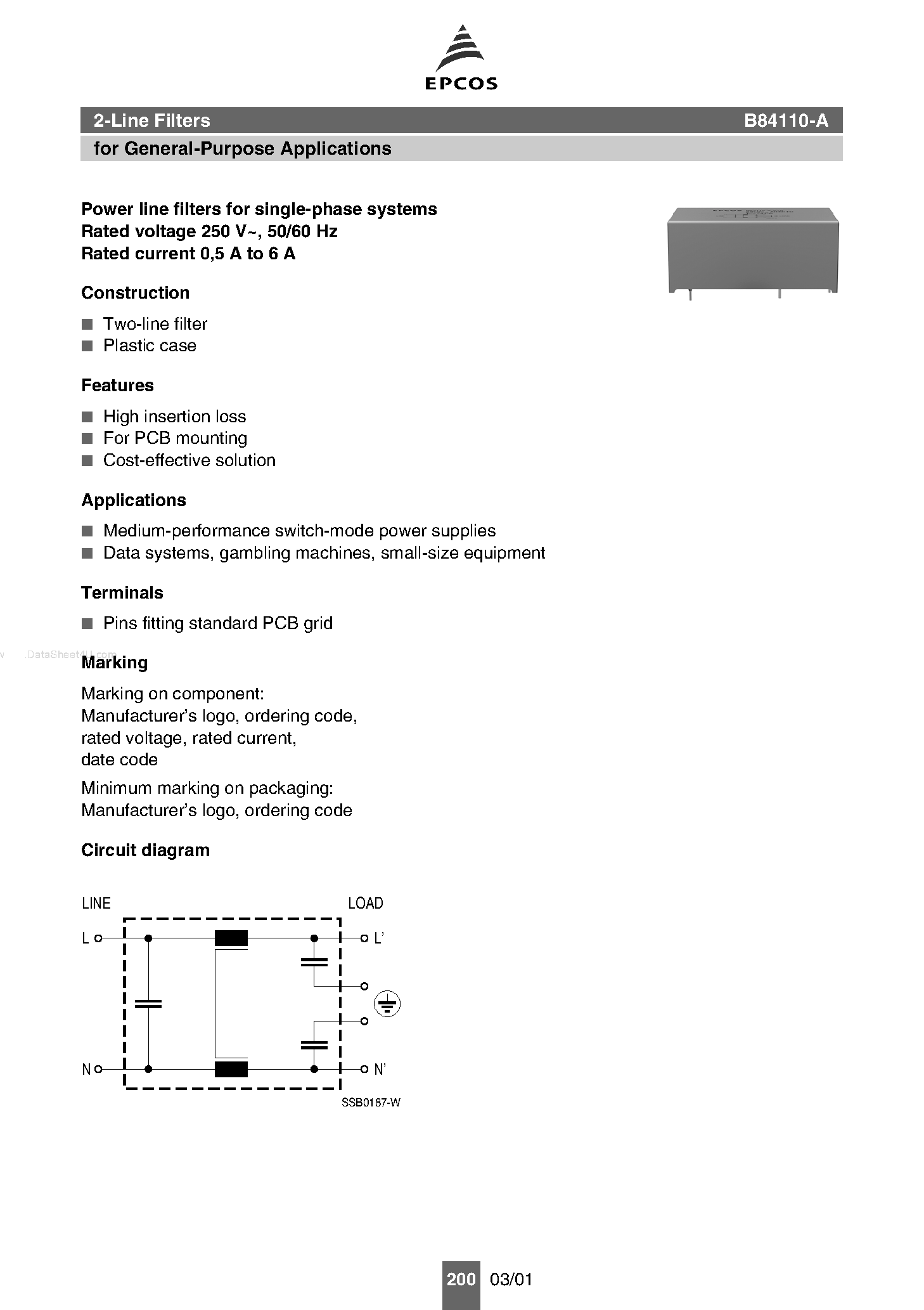 Datasheet B84110-A - Power line filters page 1