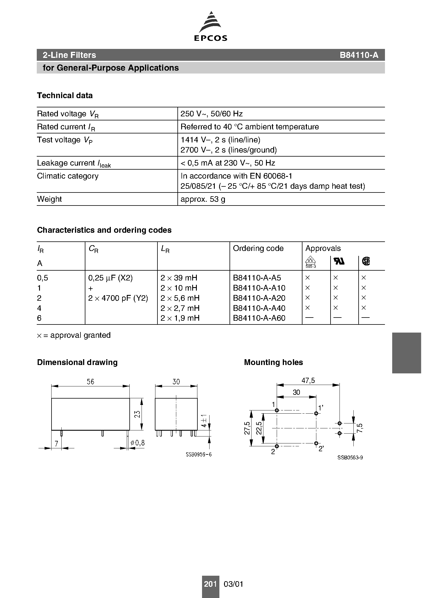 Datasheet B84110-A - Power line filters page 2