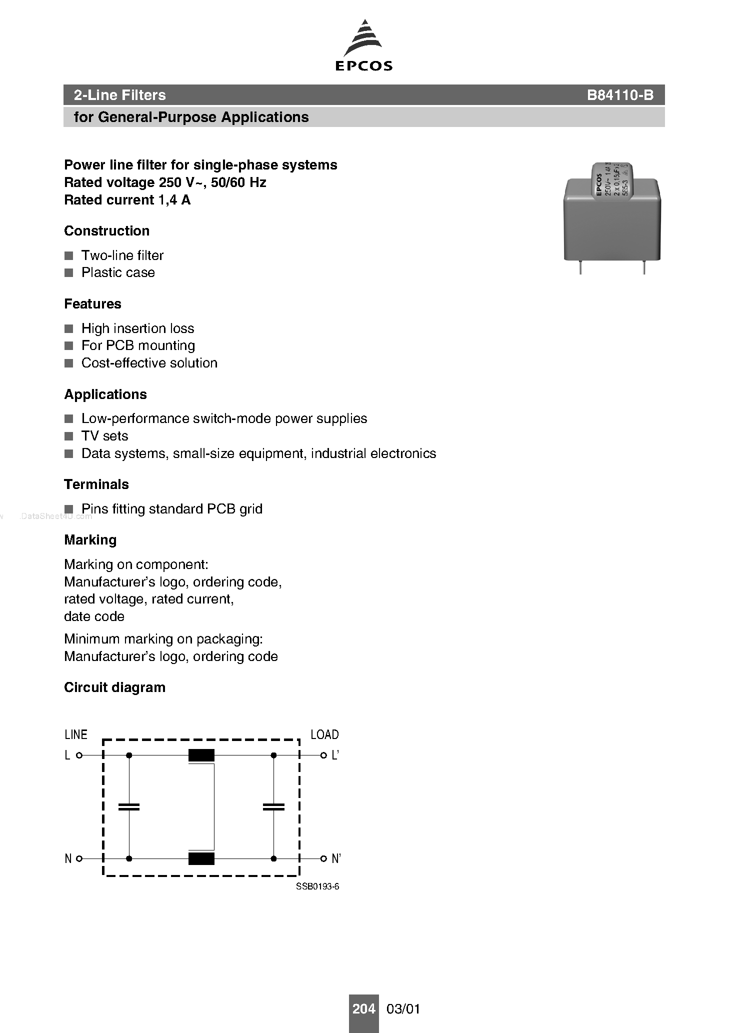 Datasheet B84110-B page 1 Datasheet B84110-B - Power line filters page 1