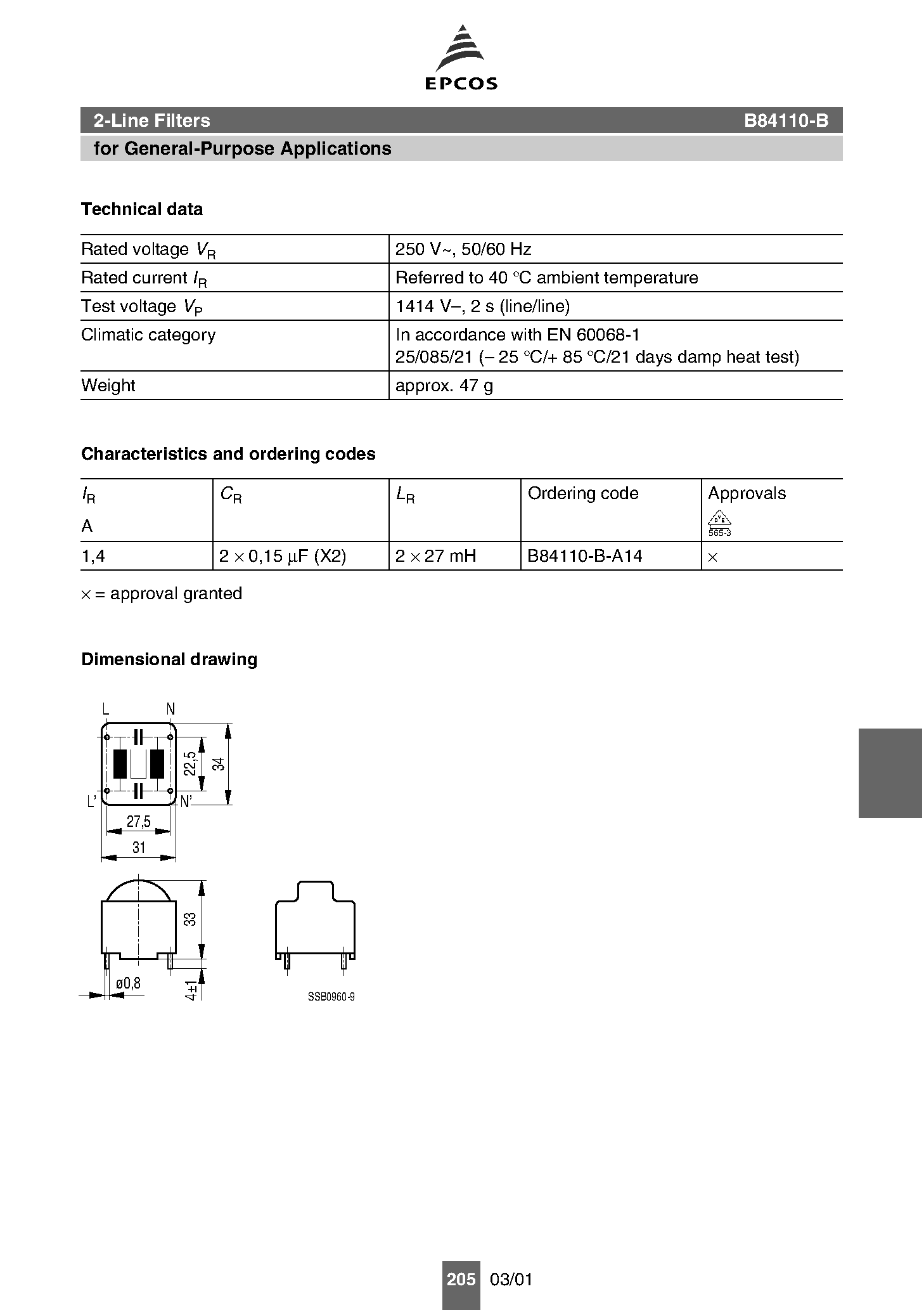 Datasheet B84110-B - Power line filters page 2