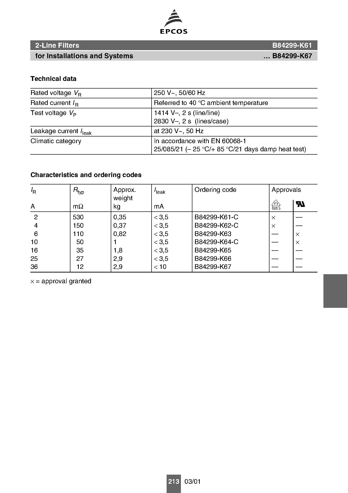 Даташит на микросхему B84299-K61 страница 2 Даташит B84299-K61 - (B84299-K61 - B84299-K67) 2-Line Filters страница 2